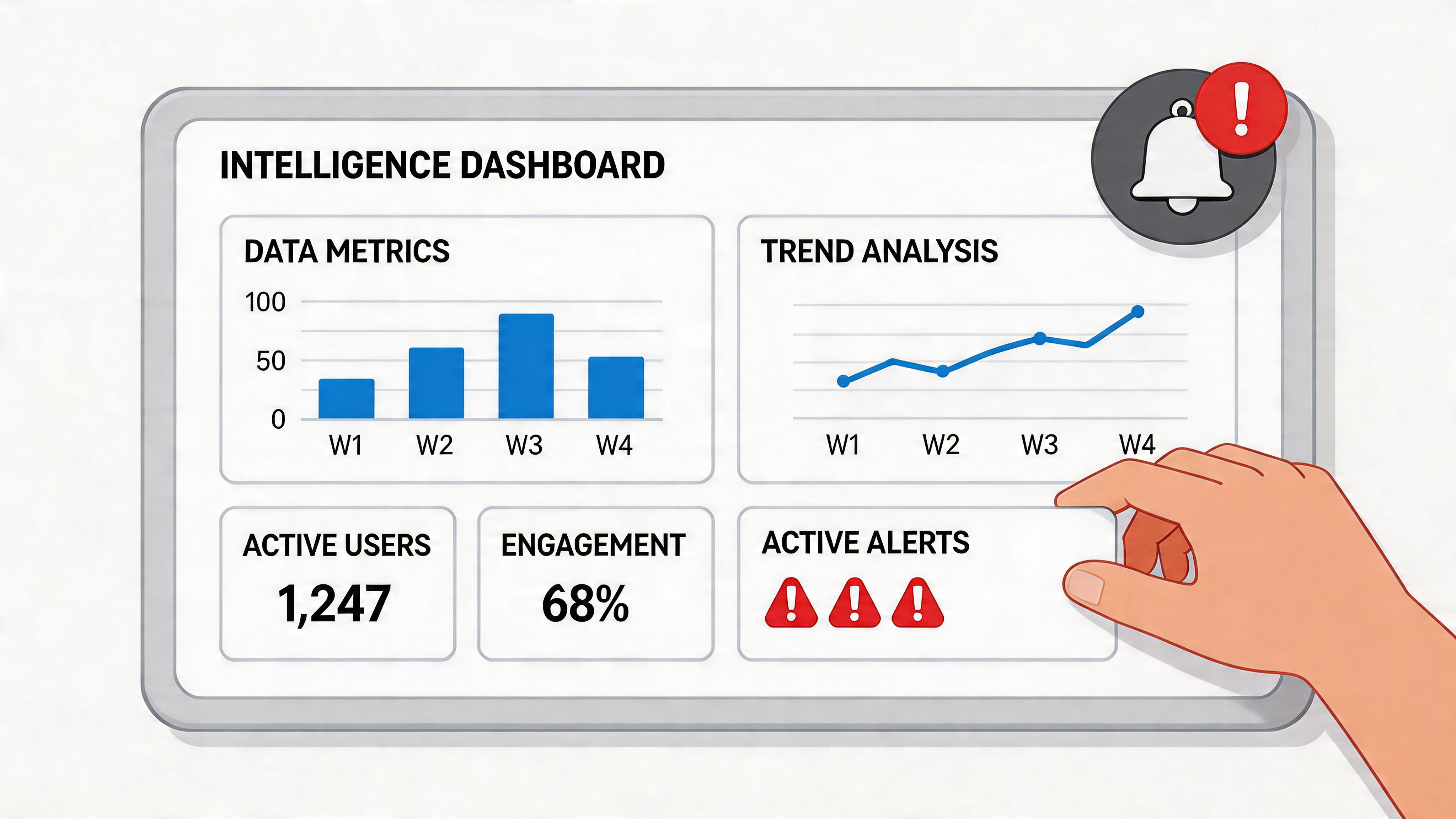 A digital intelligence dashboard showing data metrics, trend analysis, active users, engagement levels, and active alert notifications.