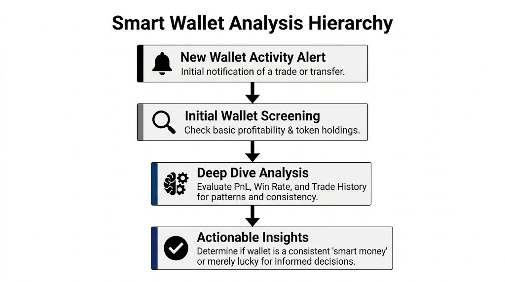 A flowchart showing the four-step smart wallet analysis hierarchy used for cryptocurrency trading and investment research.