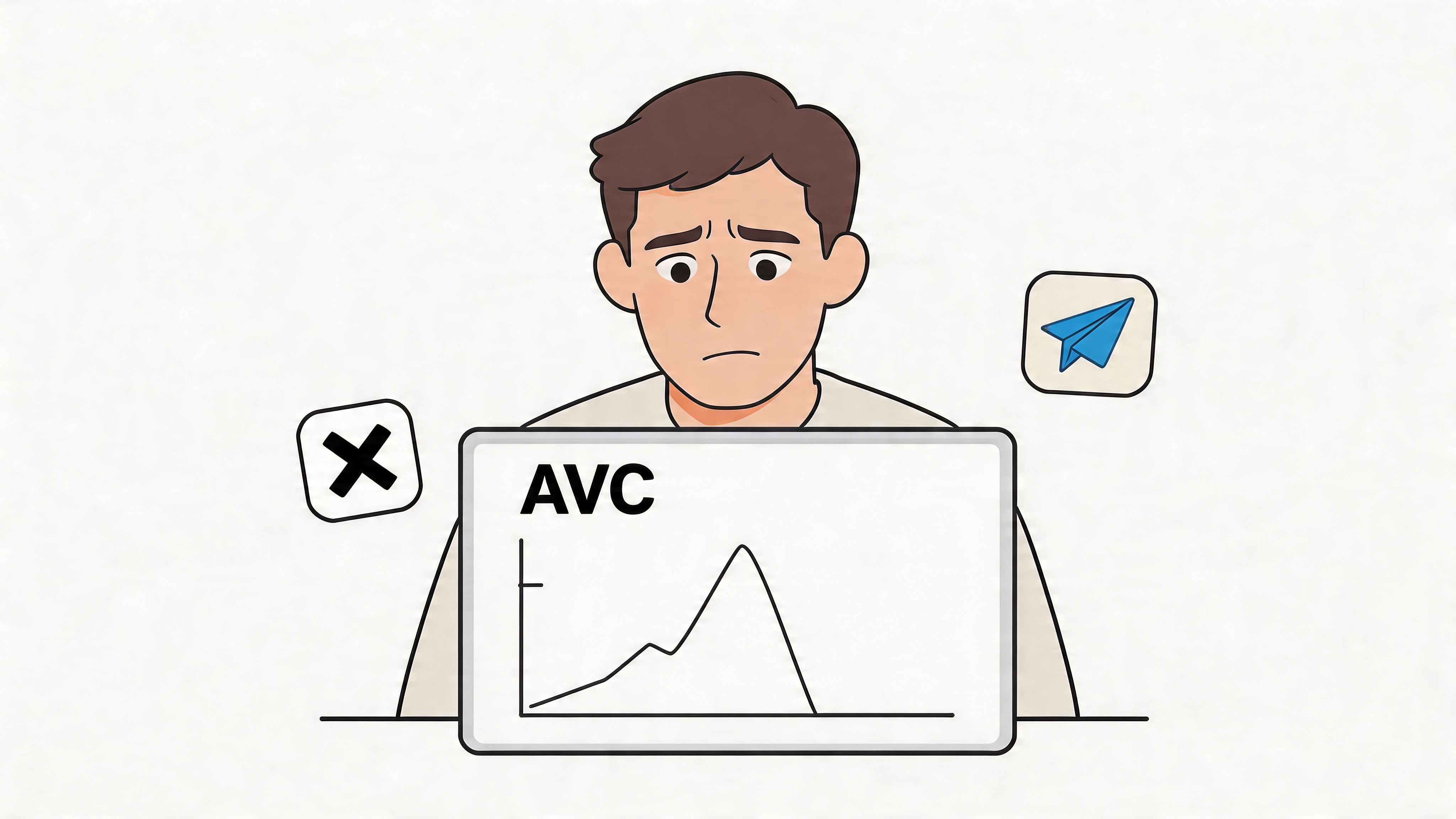 A worried man looking at a screen displaying a declining financial chart labeled with AVC text.