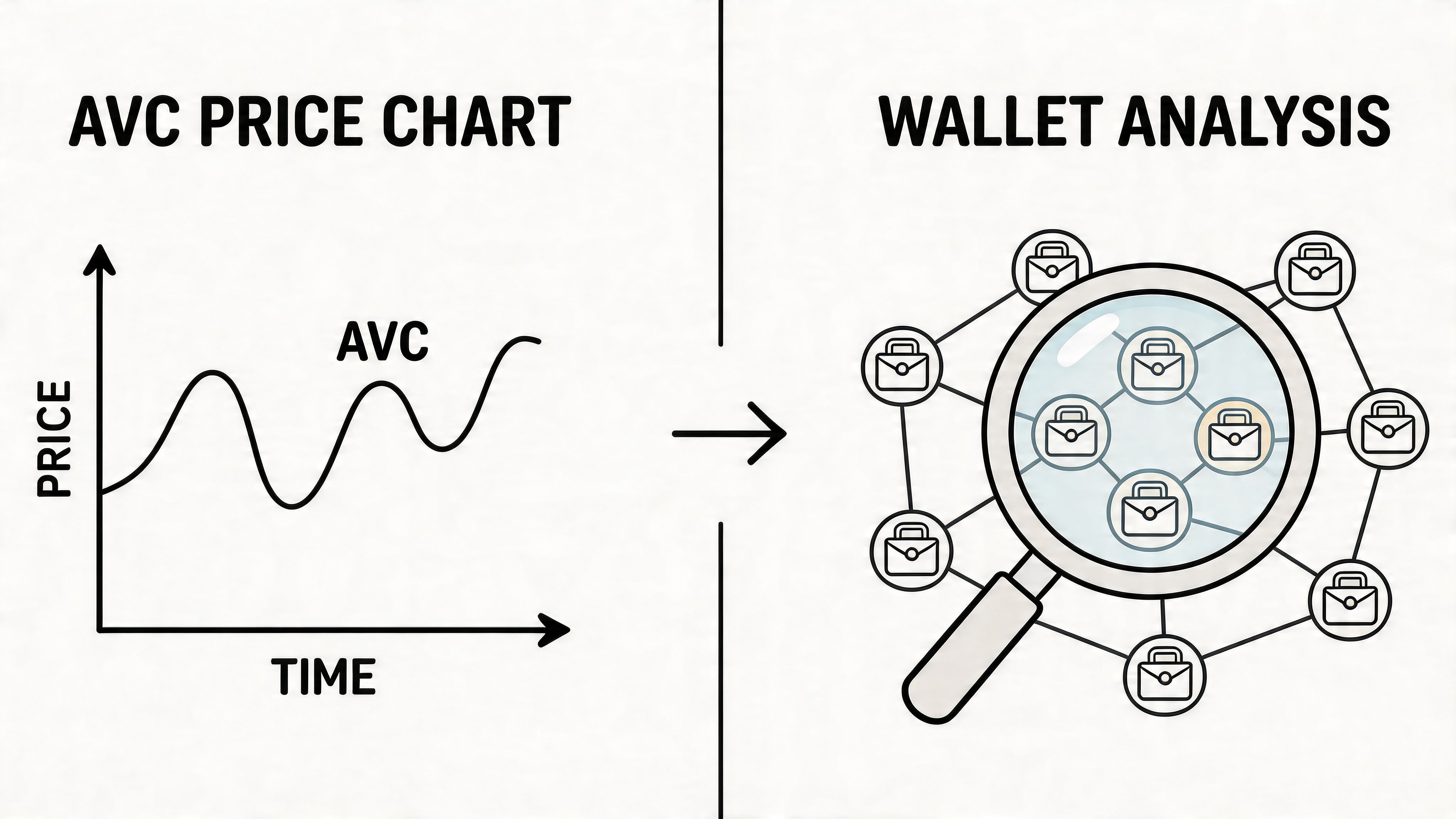 A conceptual diagram showing an AVC price chart line graph transitioning into a digital wallet analysis.