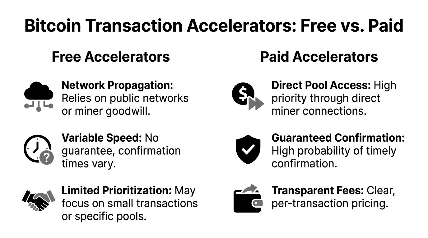 A comparison chart outlining the pros and cons of free versus paid Bitcoin transaction accelerators.