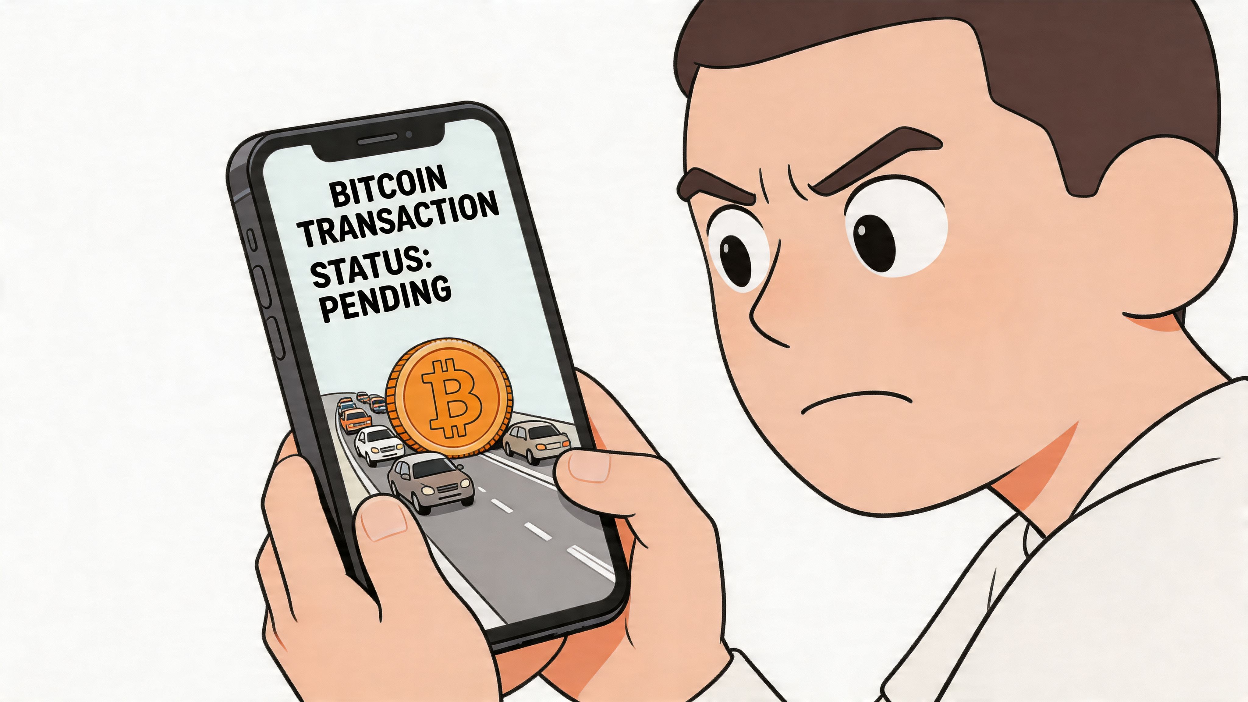 A concerned man holding a smartphone showing a pending bitcoin transaction with a traffic jam illustration.