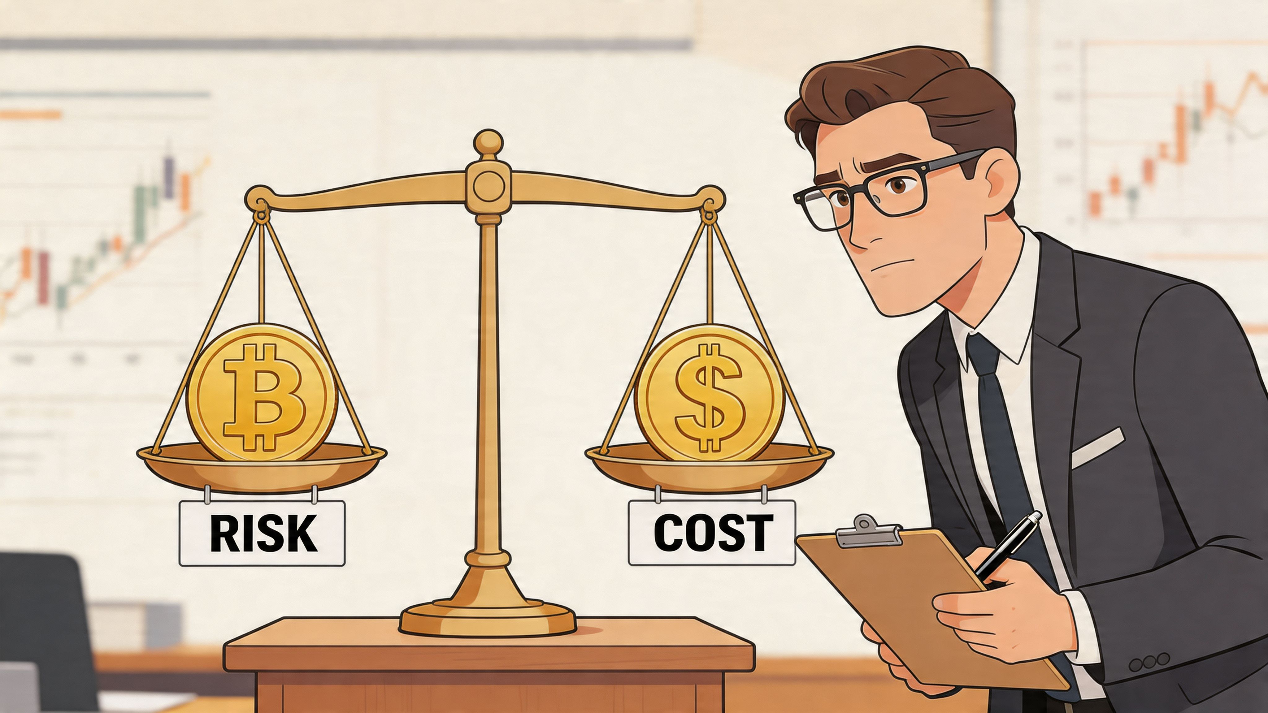 A businessman in a suit holds a clipboard while evaluating Bitcoin risk and dollar cost on scales.
