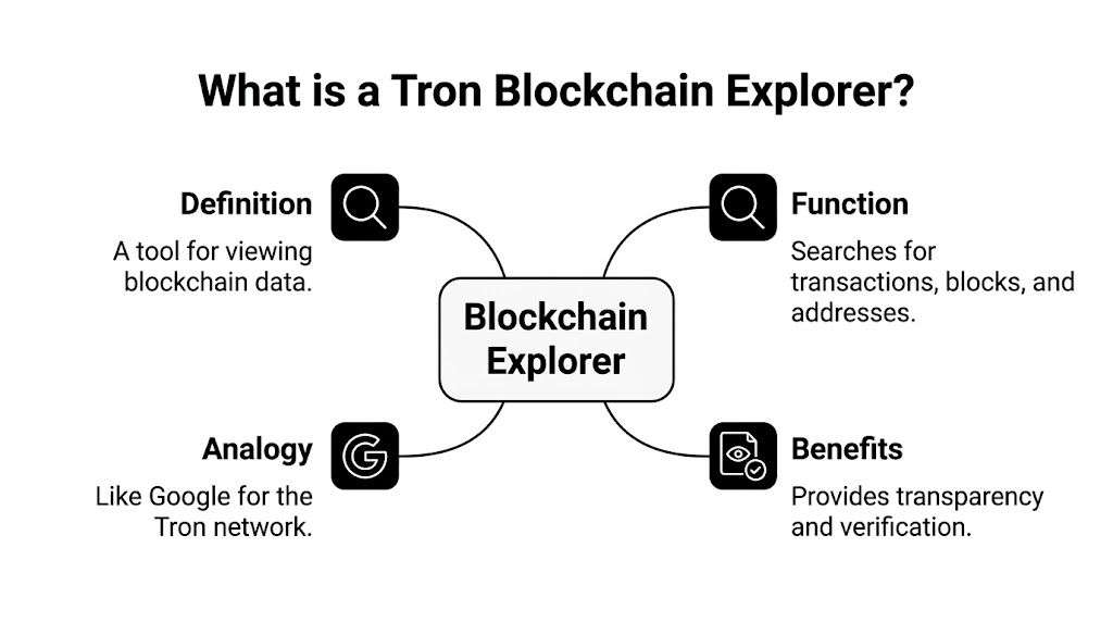 An infographic diagram explaining the function, definition, and benefits of a Tron blockchain explorer.
