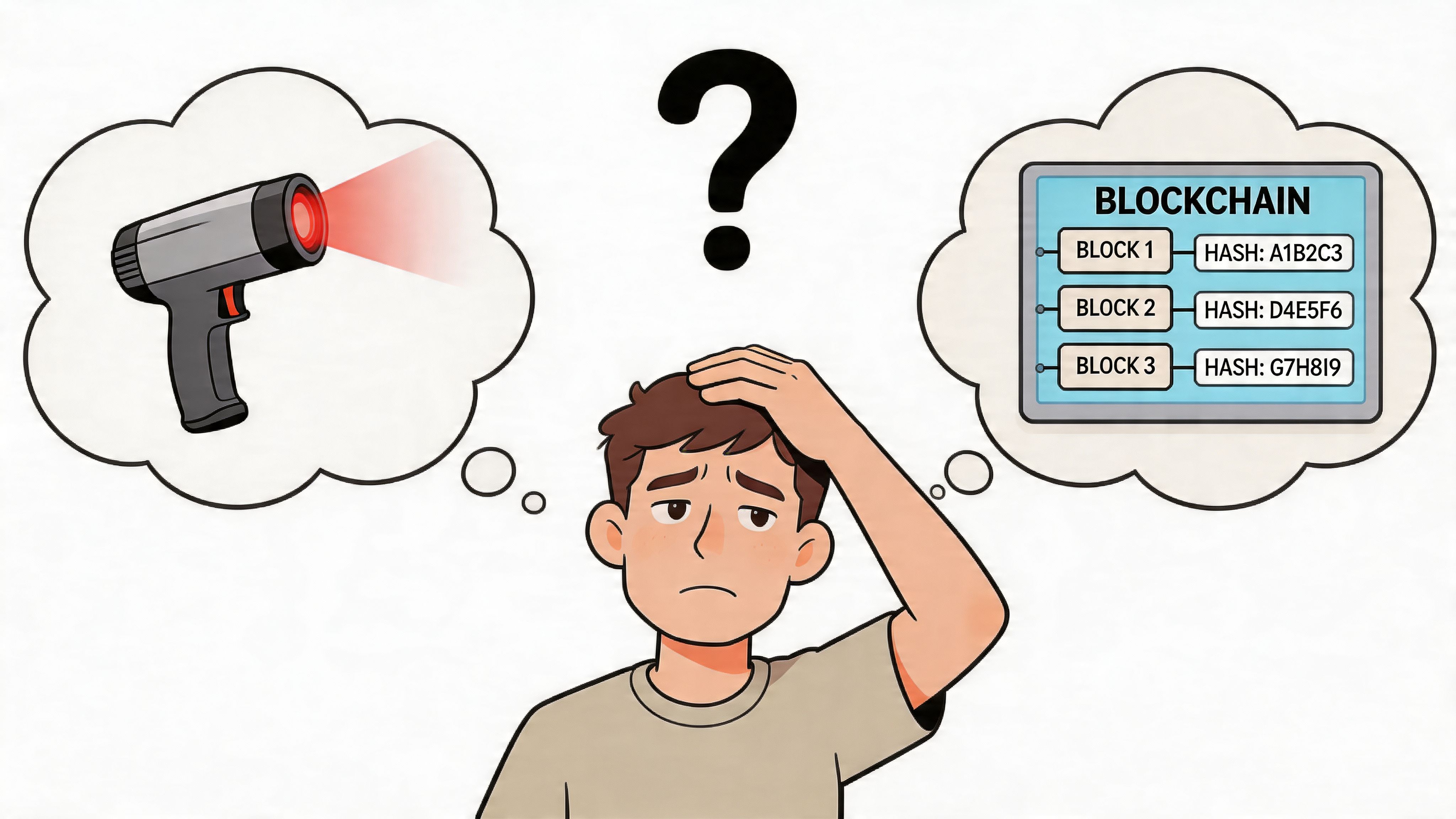 A confused young man pondering the connection between a laser scanner and blockchain technology illustrated in bubbles.