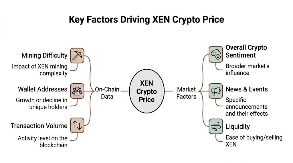 A diagram illustrating the key on-chain and market factors that influence the price of XEN cryptocurrency.