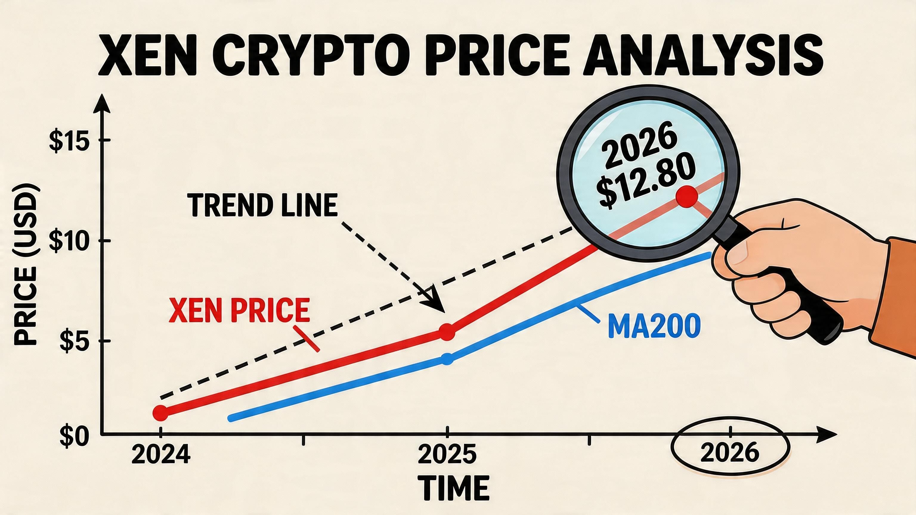A chart showing XEN Crypto price analysis with a projected trend line reaching 12.80 dollars in 2026.