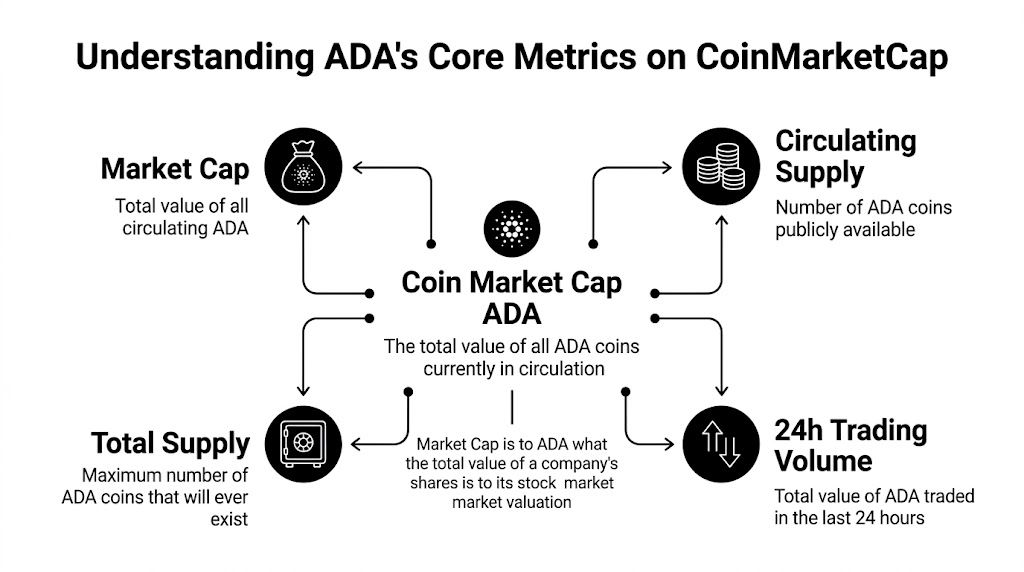 An infographic explaining key Cardano ADA metrics including Market Cap, Circulating Supply, Total Supply, and Trading Volume.
