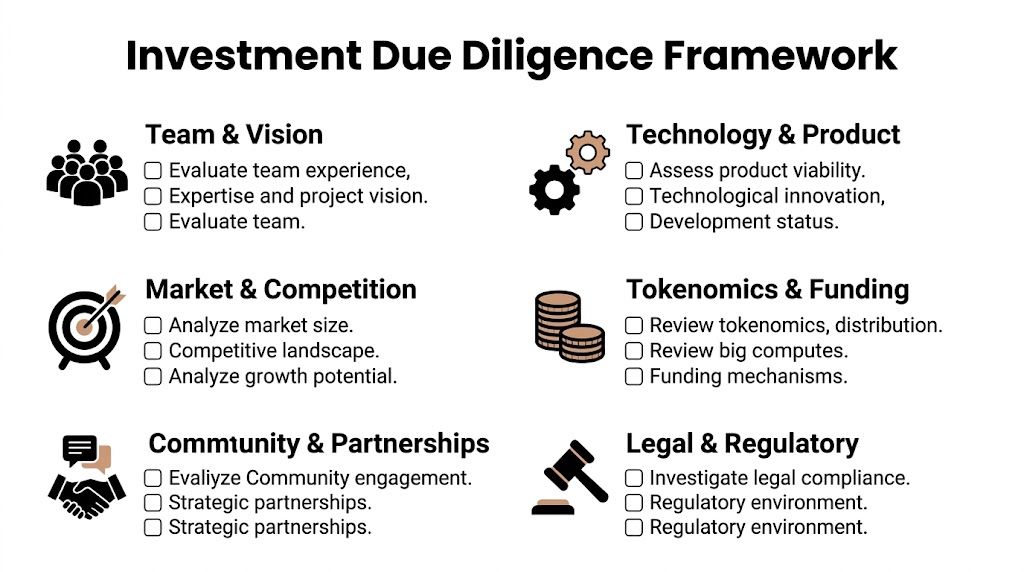 A structured checklist titled Investment Due Diligence Framework covering team, technology, market, tokenomics, community, and legal factors.