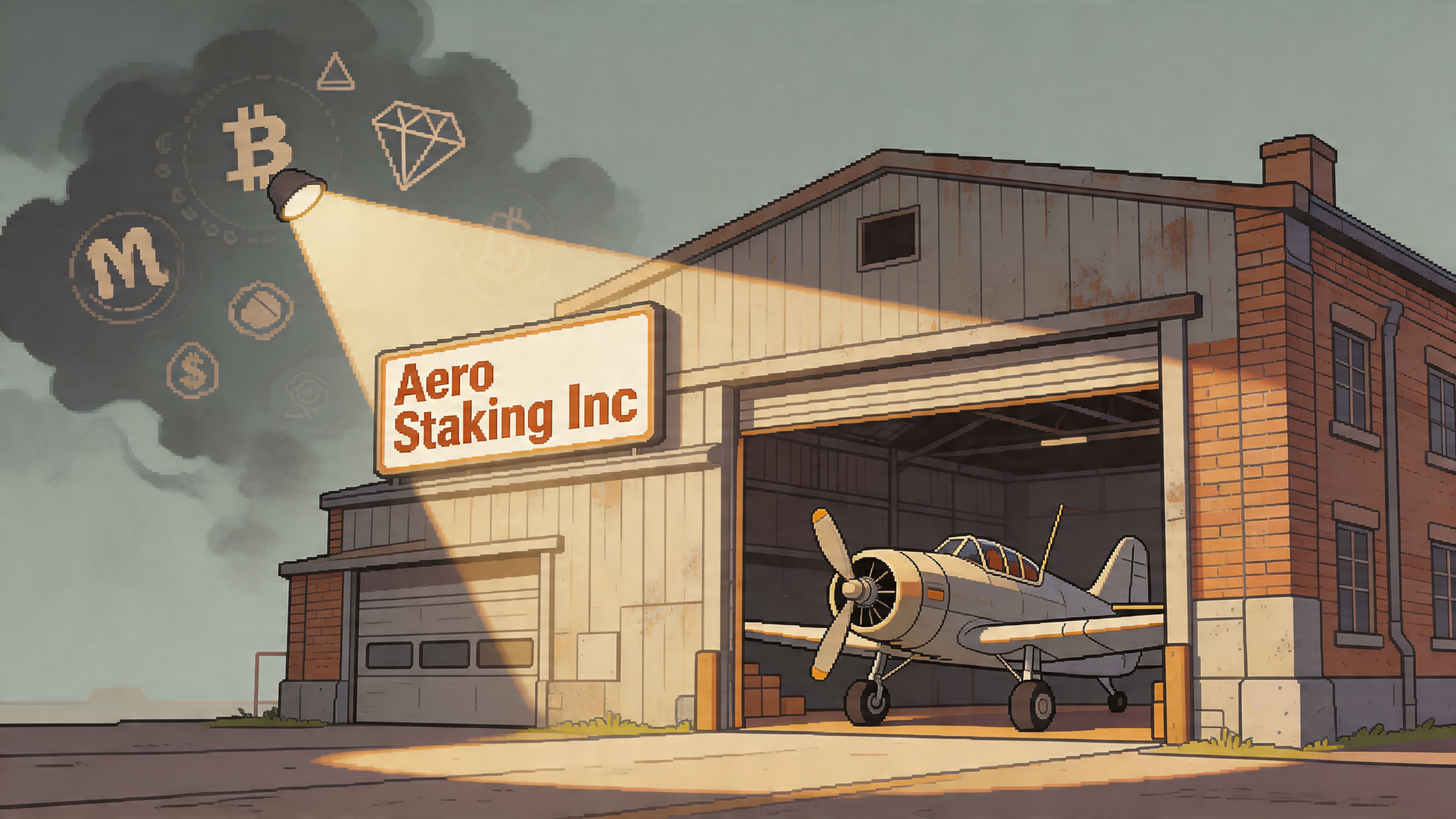 A digital illustration showing the Aero Staking Inc hangar with a plane and floating cryptocurrency icons