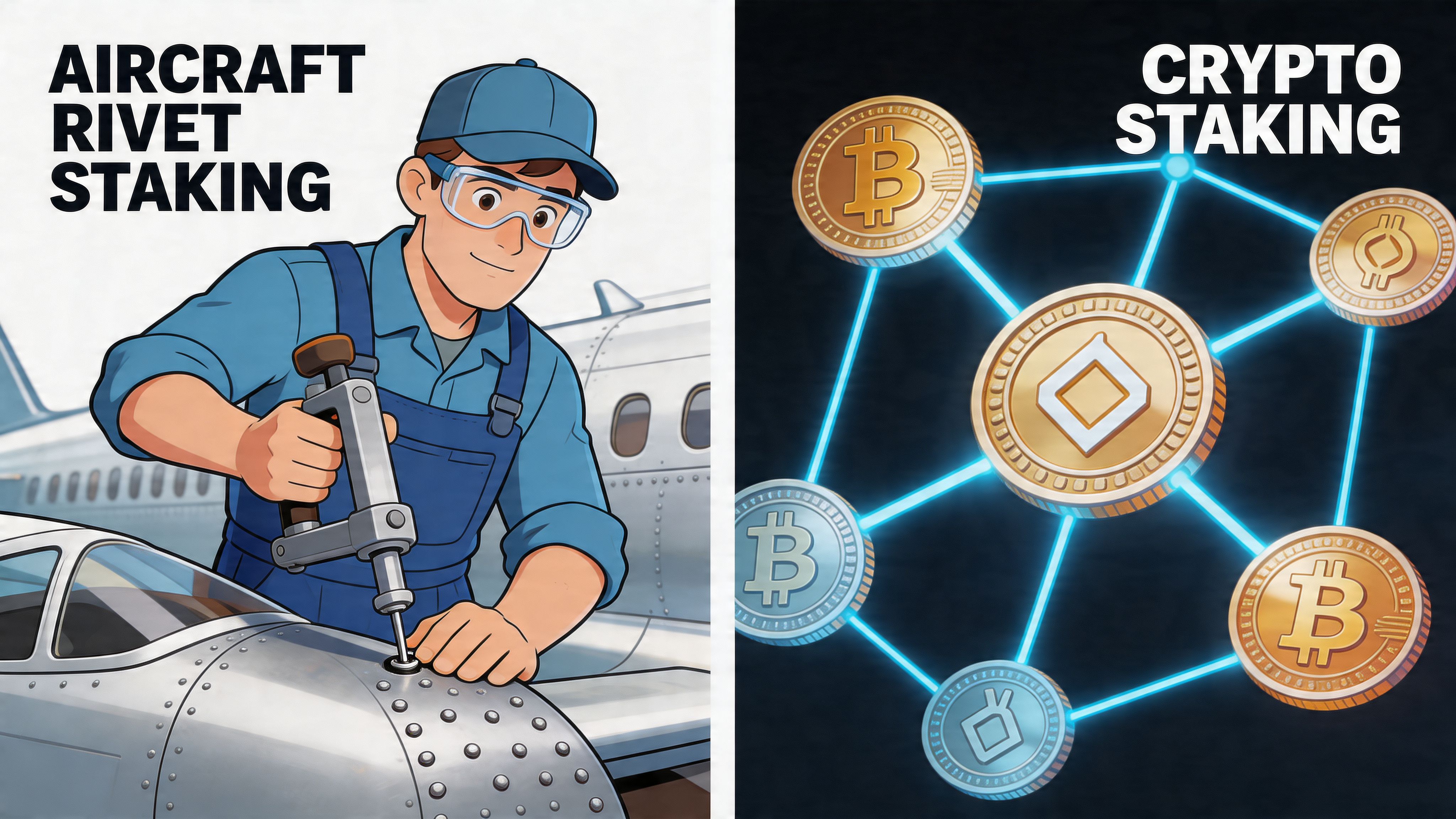 A split screen comparing mechanical aircraft rivet installation with digital blockchain network crypto staking coins.