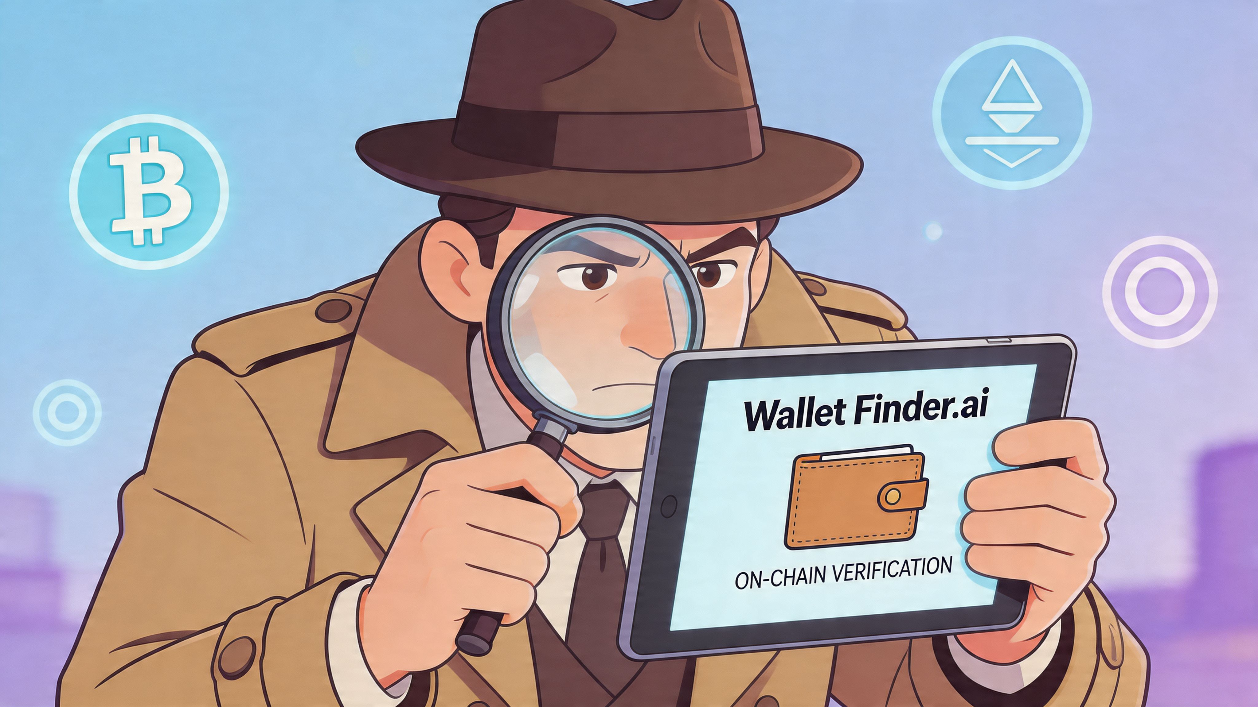 A cartoon detective wearing a trench coat uses a magnifying glass to inspect a tablet screen labeled Wallet Finder.ai.