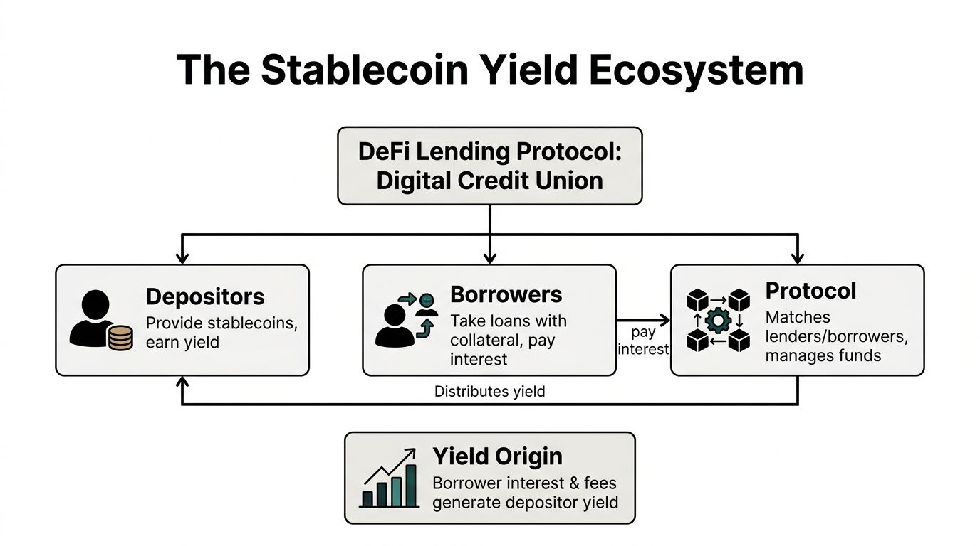 A diagram illustrating how stablecoin yield is generated through a decentralized finance lending protocol ecosystem.