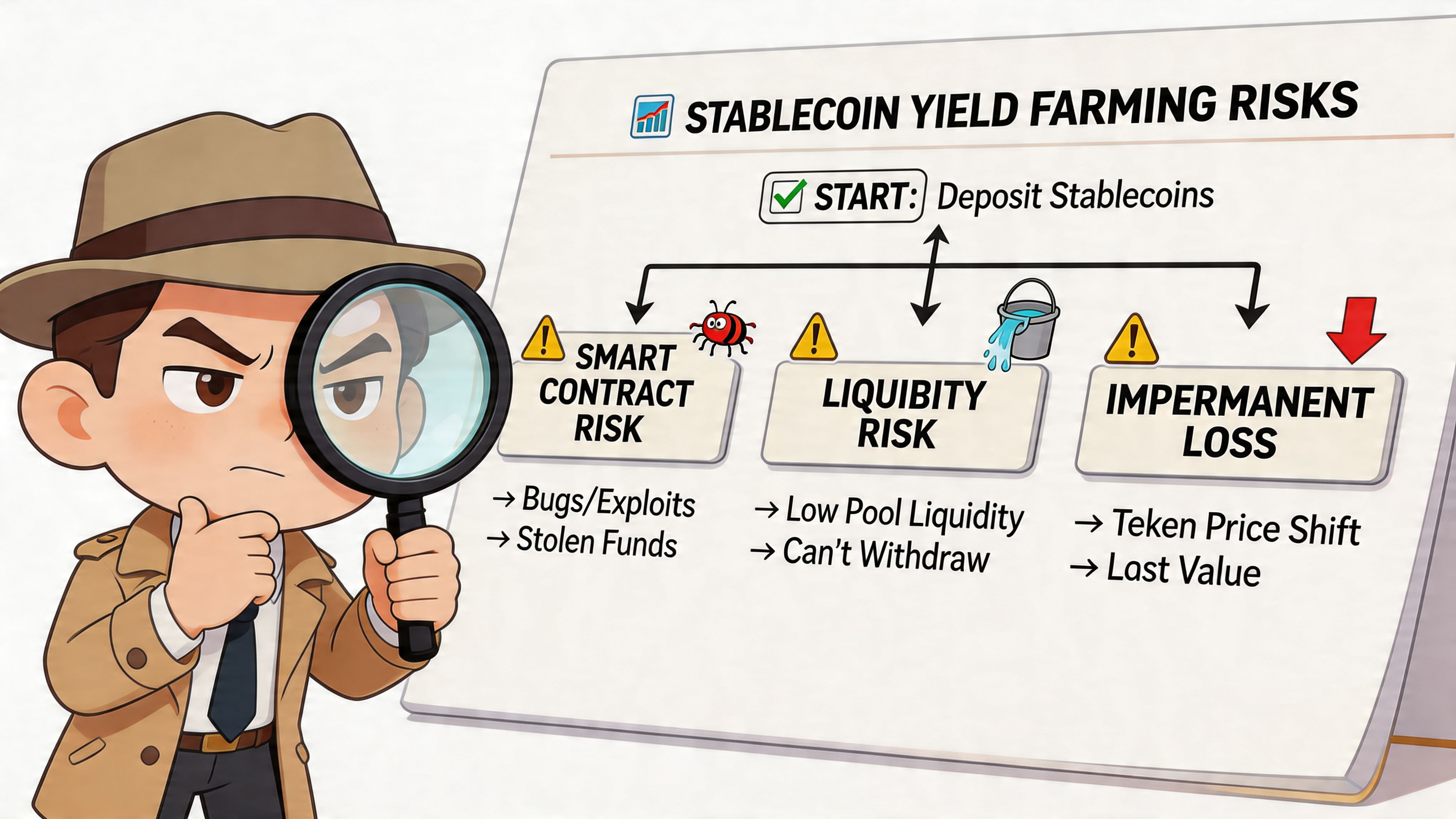 A cartoon detective inspecting a whiteboard outlining risks involved in stablecoin yield farming such as contract vulnerabilities.