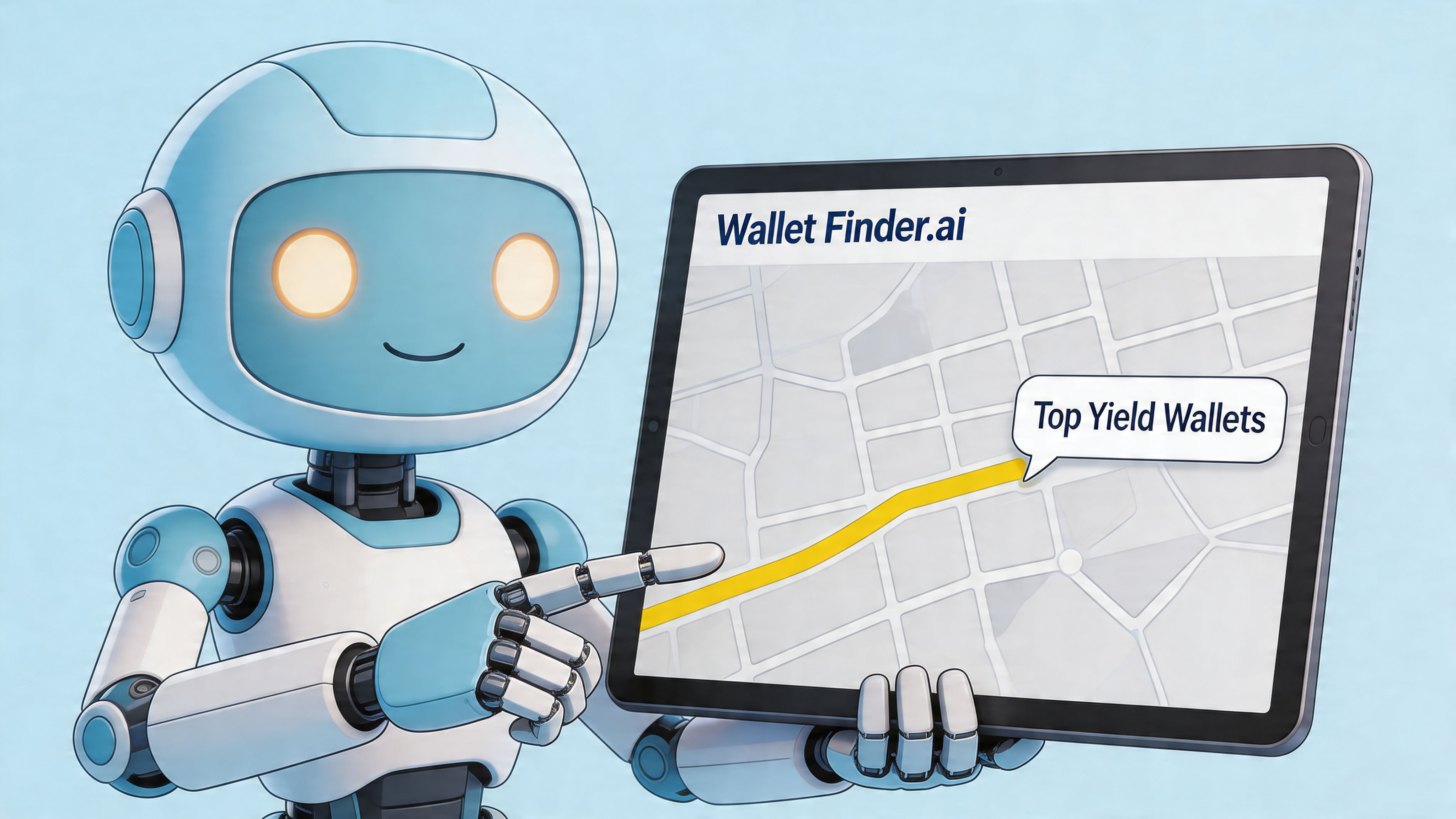 A cute blue and white robot pointing at a digital tablet displaying a map showing top yield wallets.