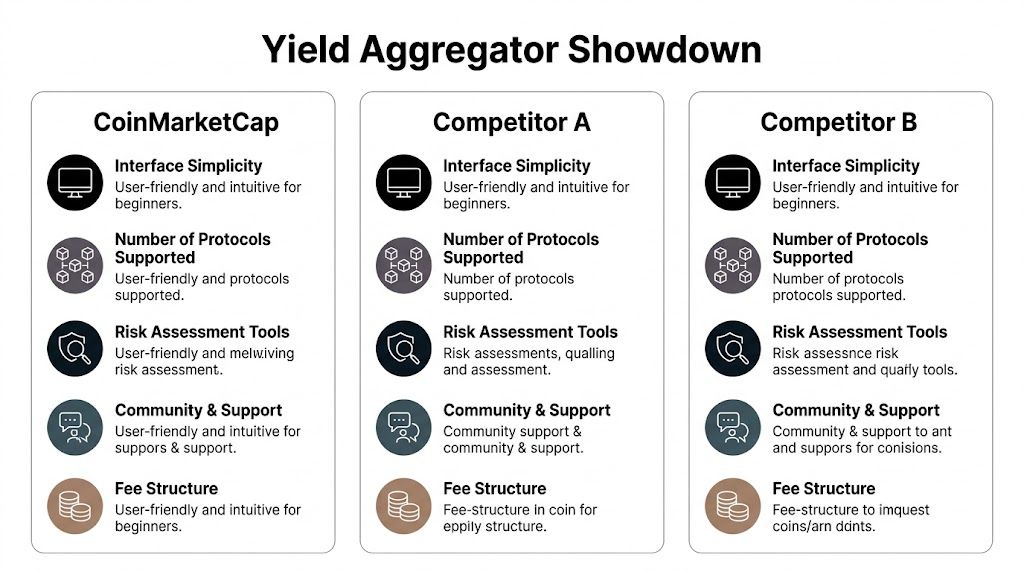 A comparison table titled Yield Aggregator Showdown between CoinMarketCap, Competitor A, and Competitor B across five key categories.