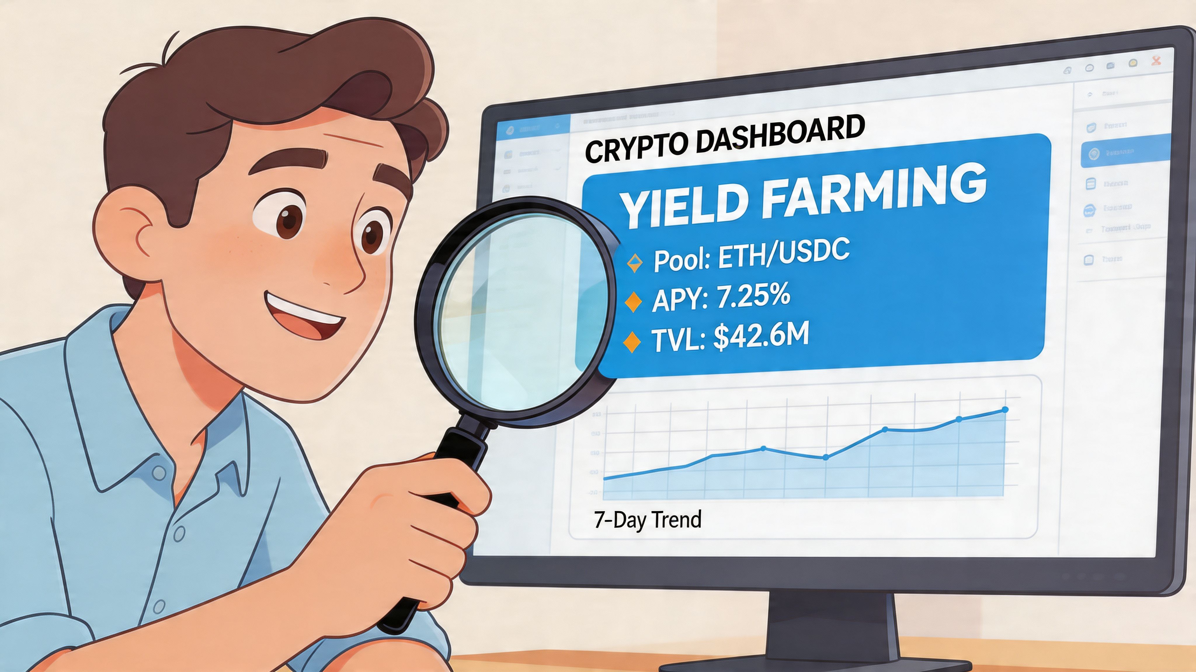 A cartoon man holding a magnifying glass to look at a crypto yield farming dashboard on a screen.