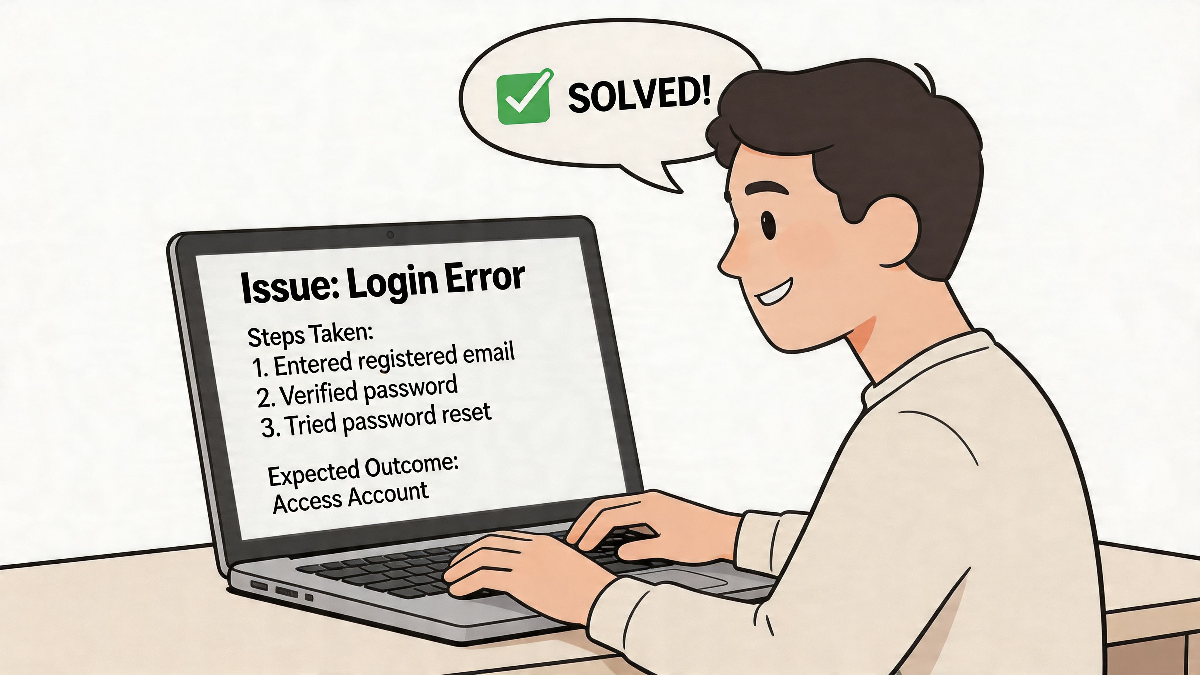 A cartoon illustration of a young man smiling while typing on his laptop to solve login issues.