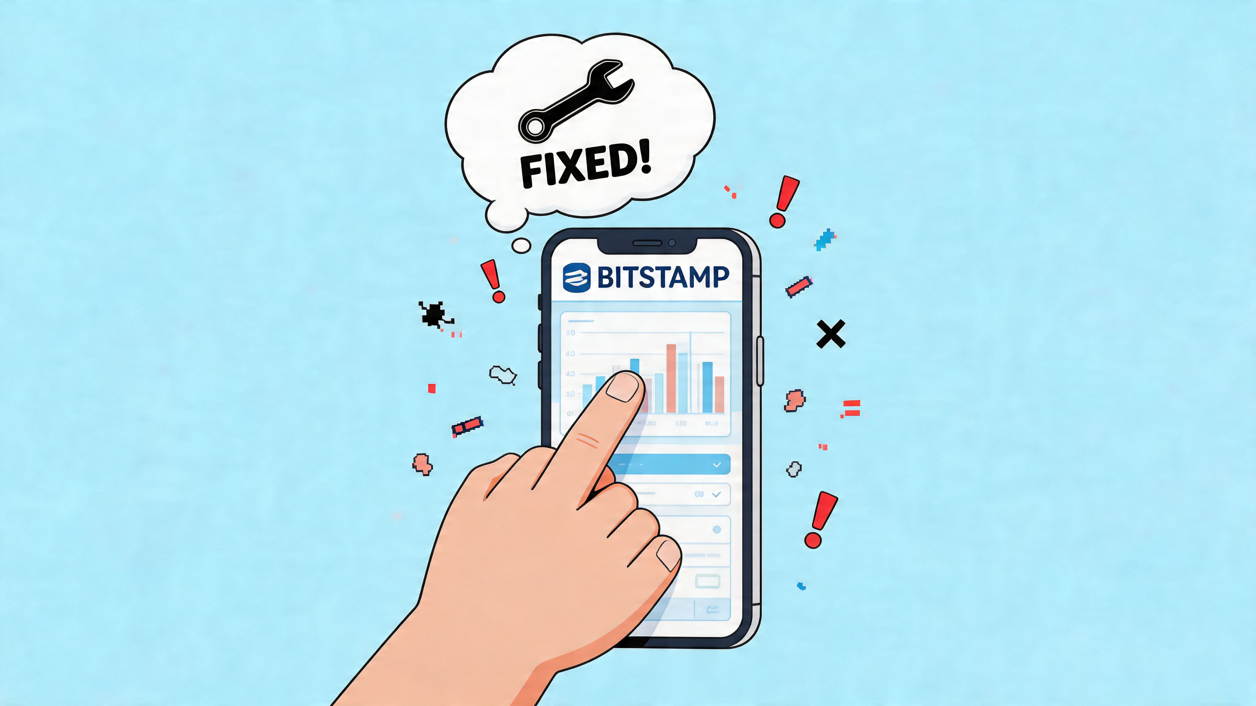 A hand touching a smartphone screen displaying the Bitstamp app logo and interface with a fixed icon.