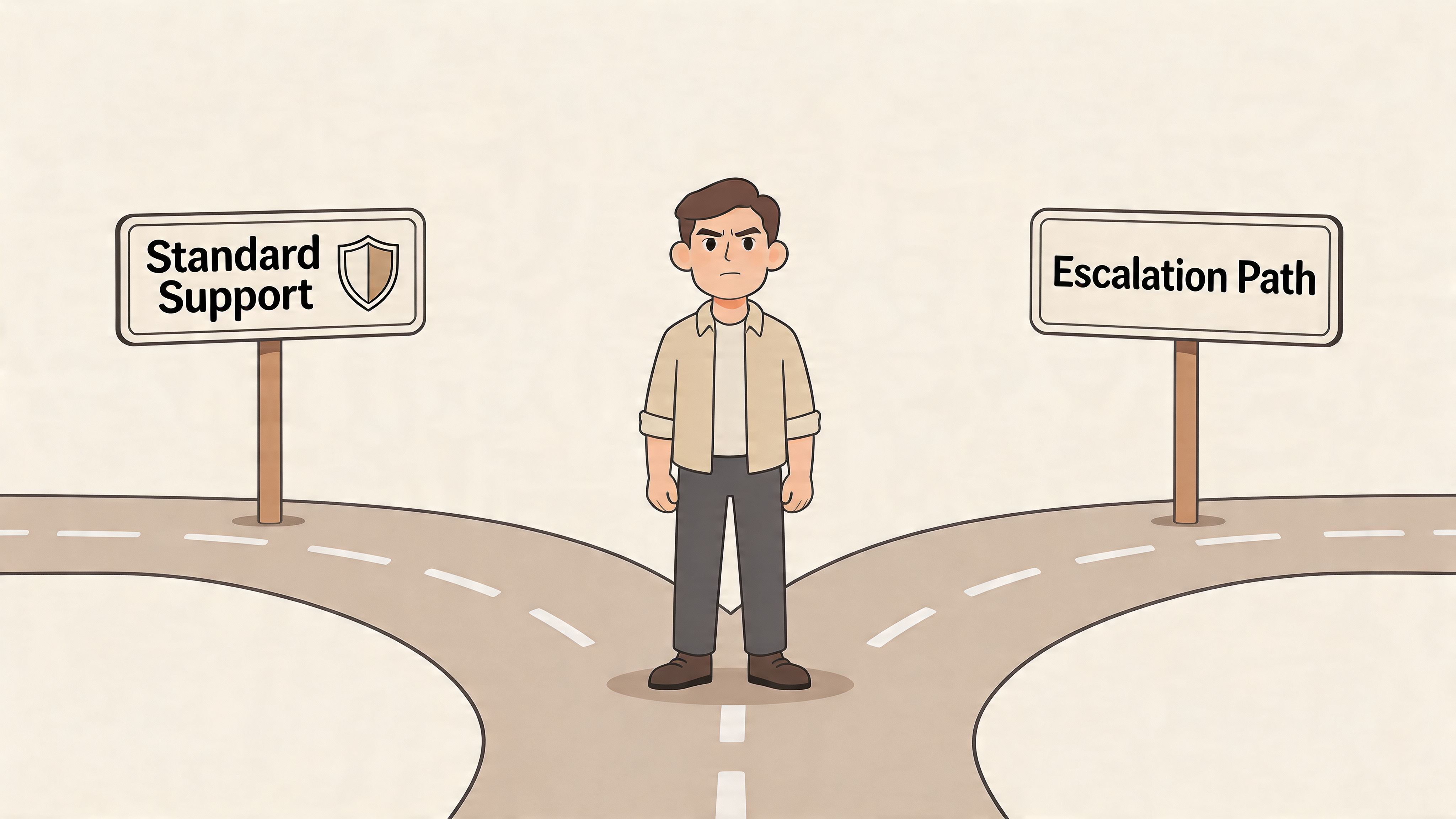 A confused person stands at a crossroads choosing between Standard Support and an Escalation Path.