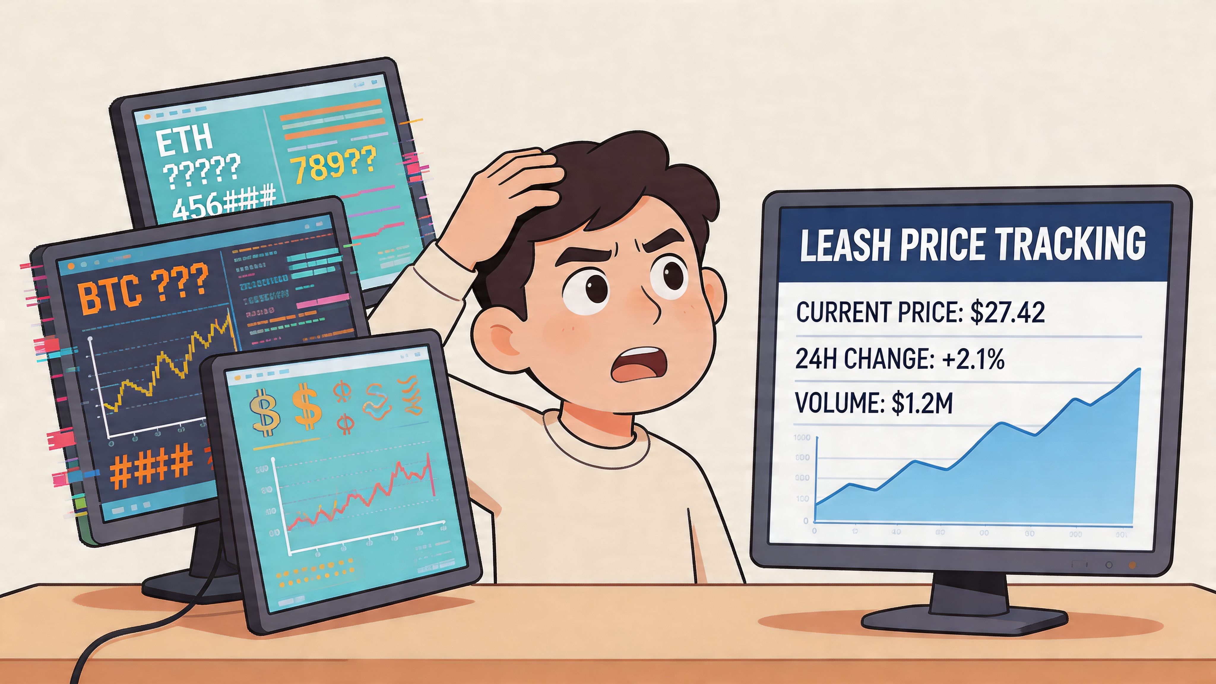A confused young man looking at computer monitors displaying cryptocurrency charts and the Leash coin price.