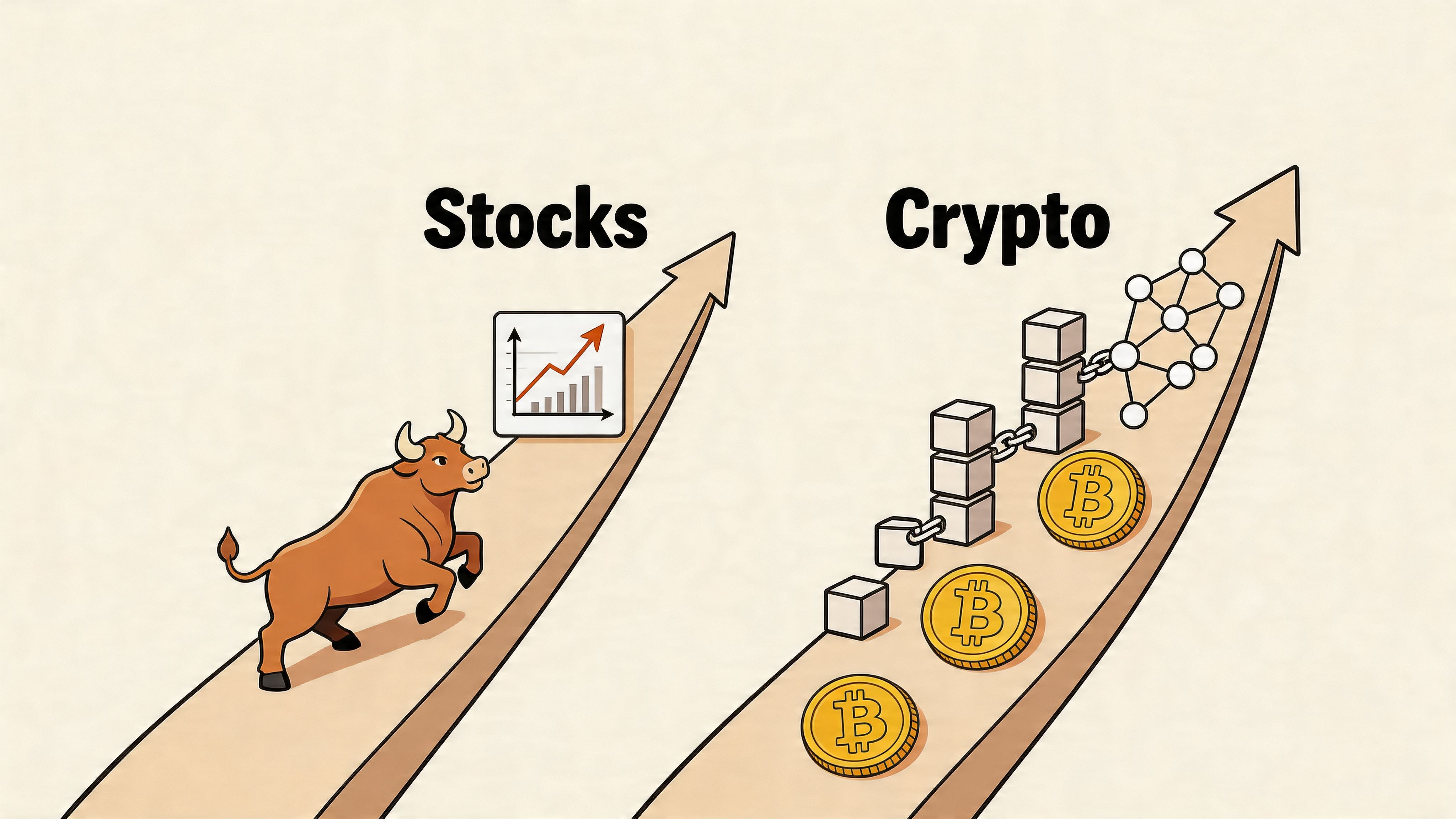 An illustration comparing the growth of the stock market represented by a bull and cryptocurrency.