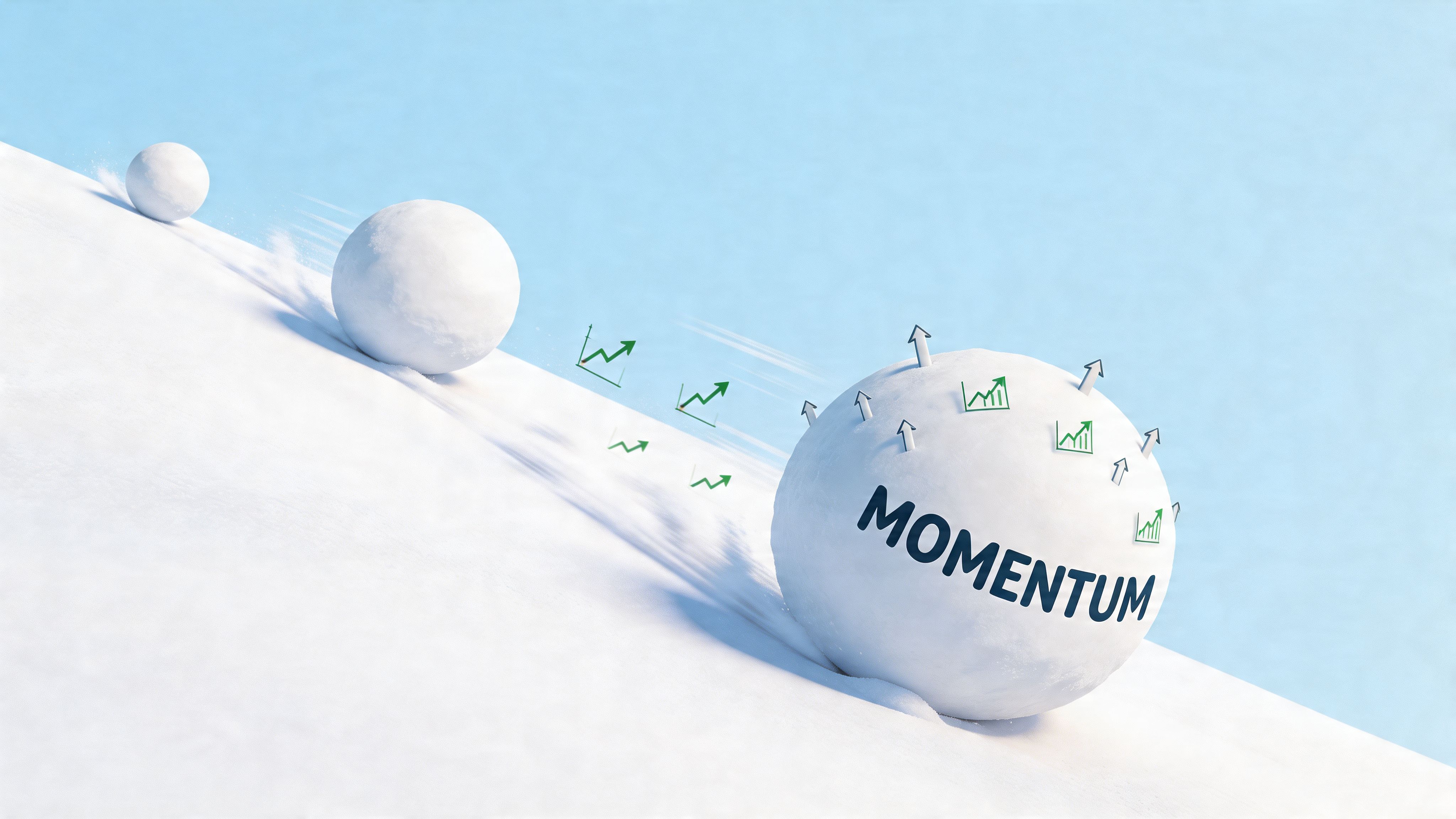 A large snowball labeled MOMENTUM rolling down a snowy hill, symbolizing rapid growth and market progress.