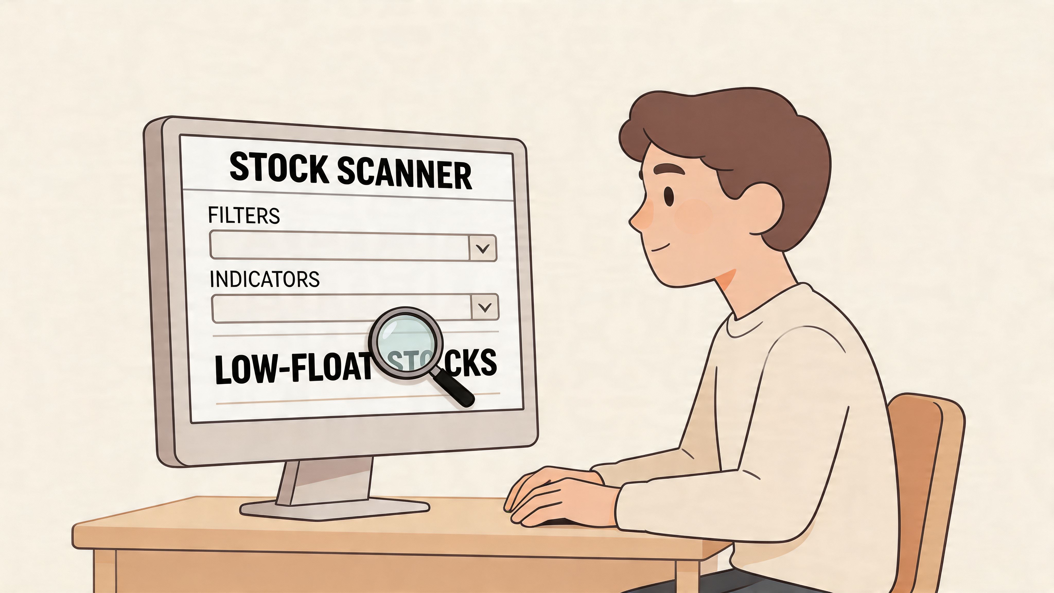 A young man sitting at a desk looking at a stock scanner on his computer screen.
