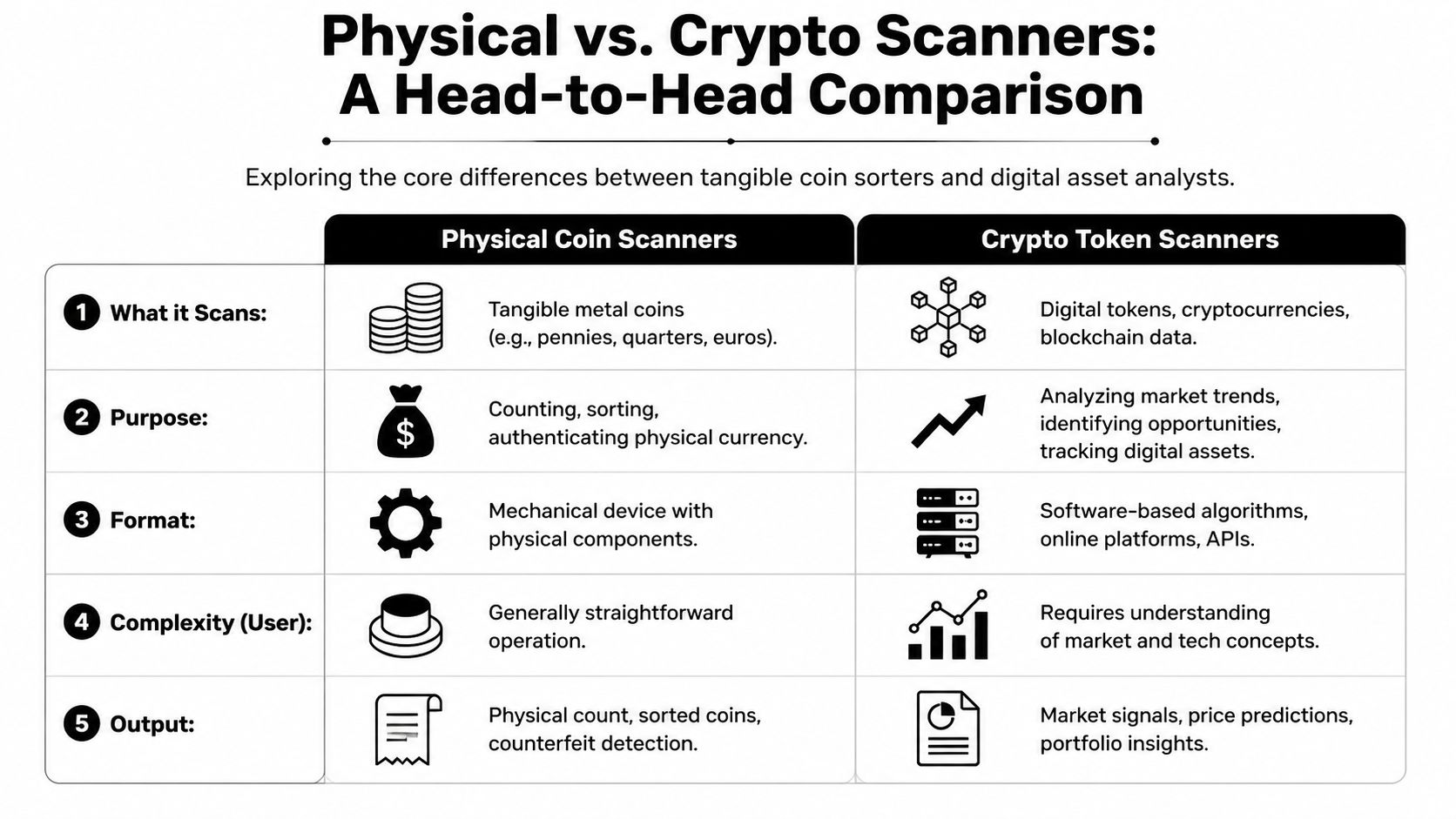A comparison table outlining the key differences between physical coin scanning machines and digital crypto token scanners.
