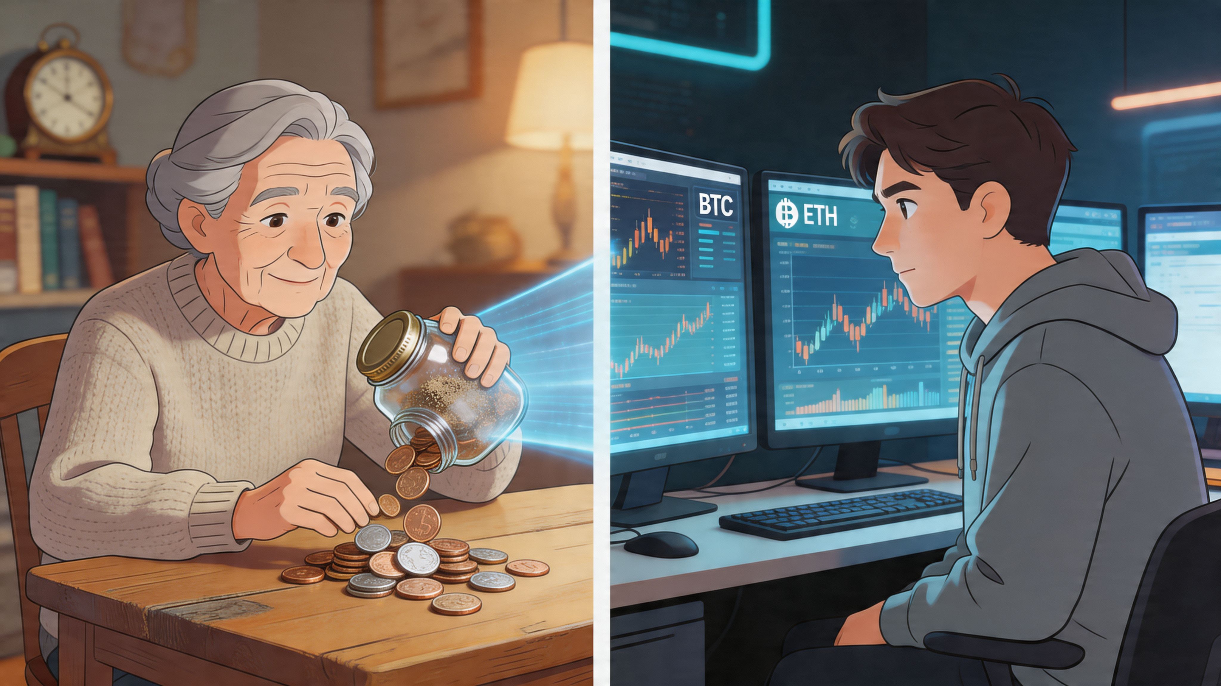 A split image showing an elderly woman counting physical coins and a young man trading cryptocurrency digitally.