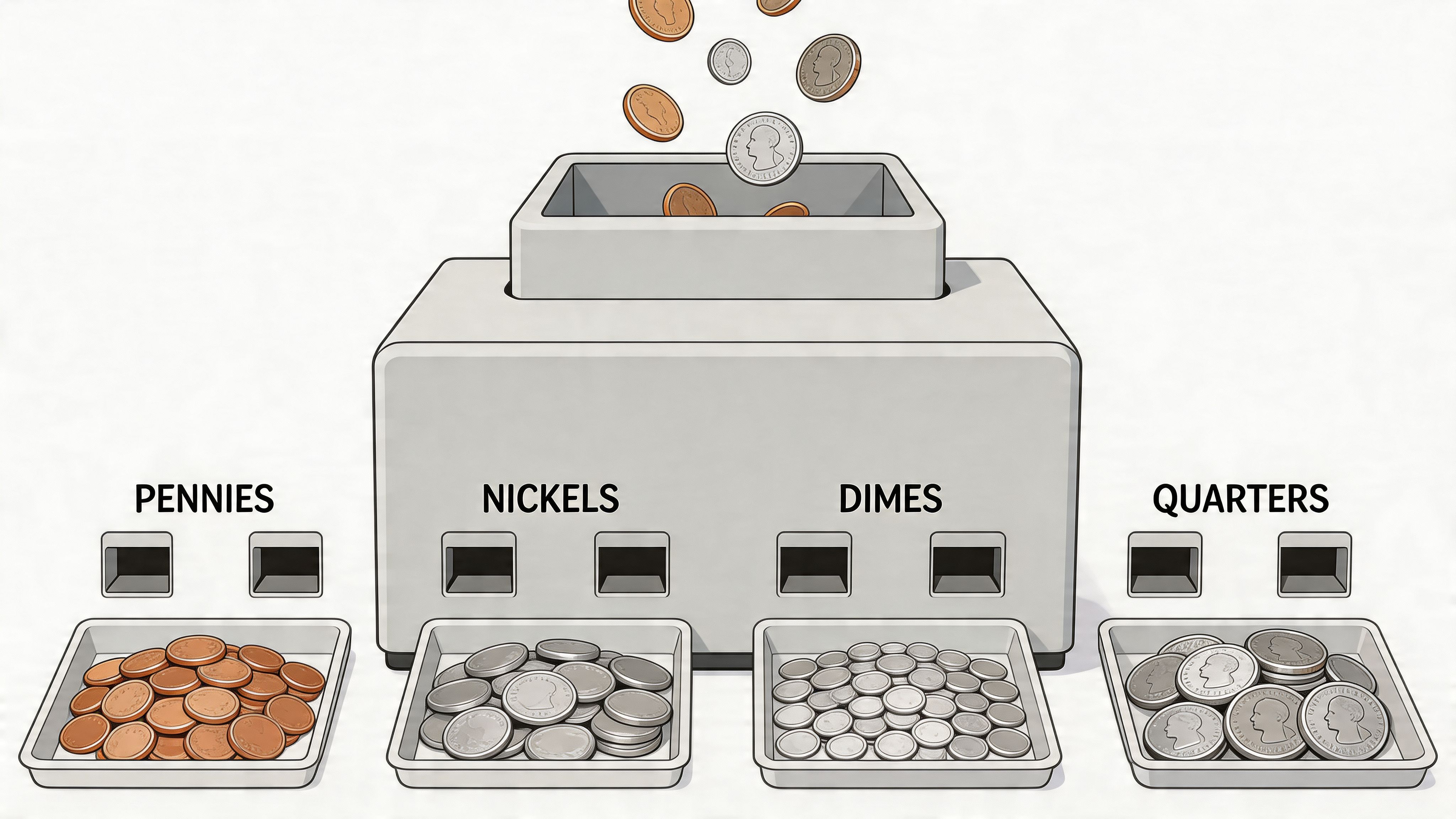 A coin sorting machine distributing copper and silver coins into four designated collection trays labeled by denomination.