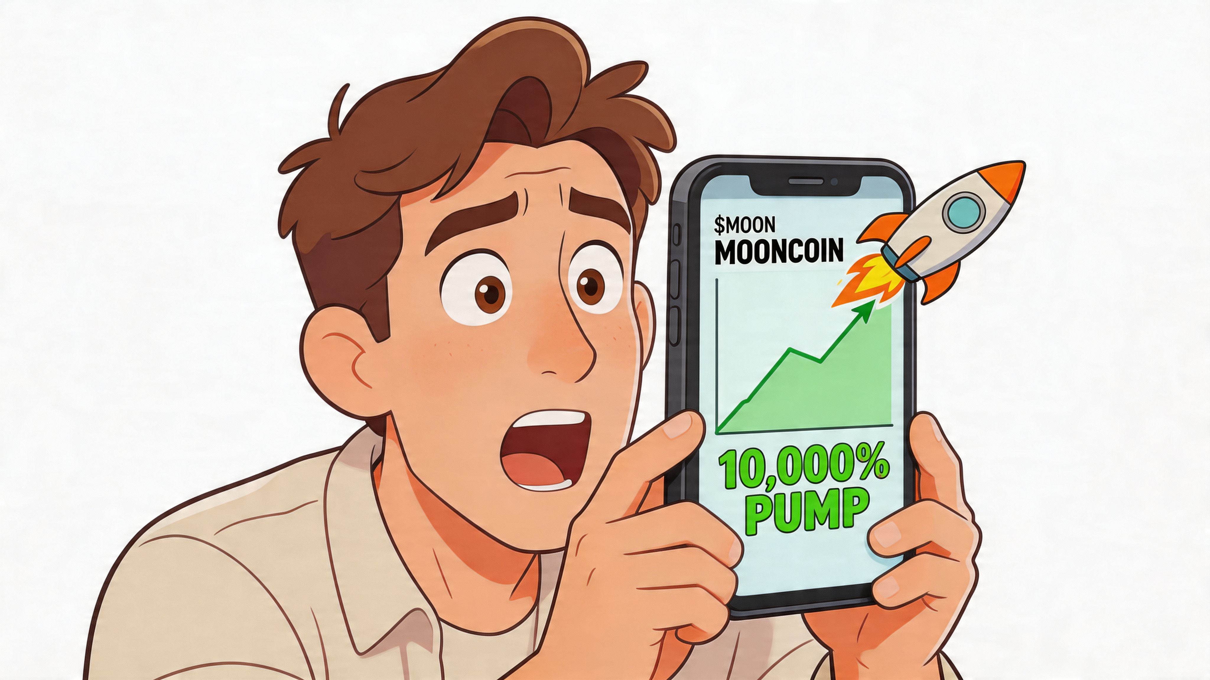 A surprised young man looks at his smartphone screen showing a 10,000% crypto price pump graphic.