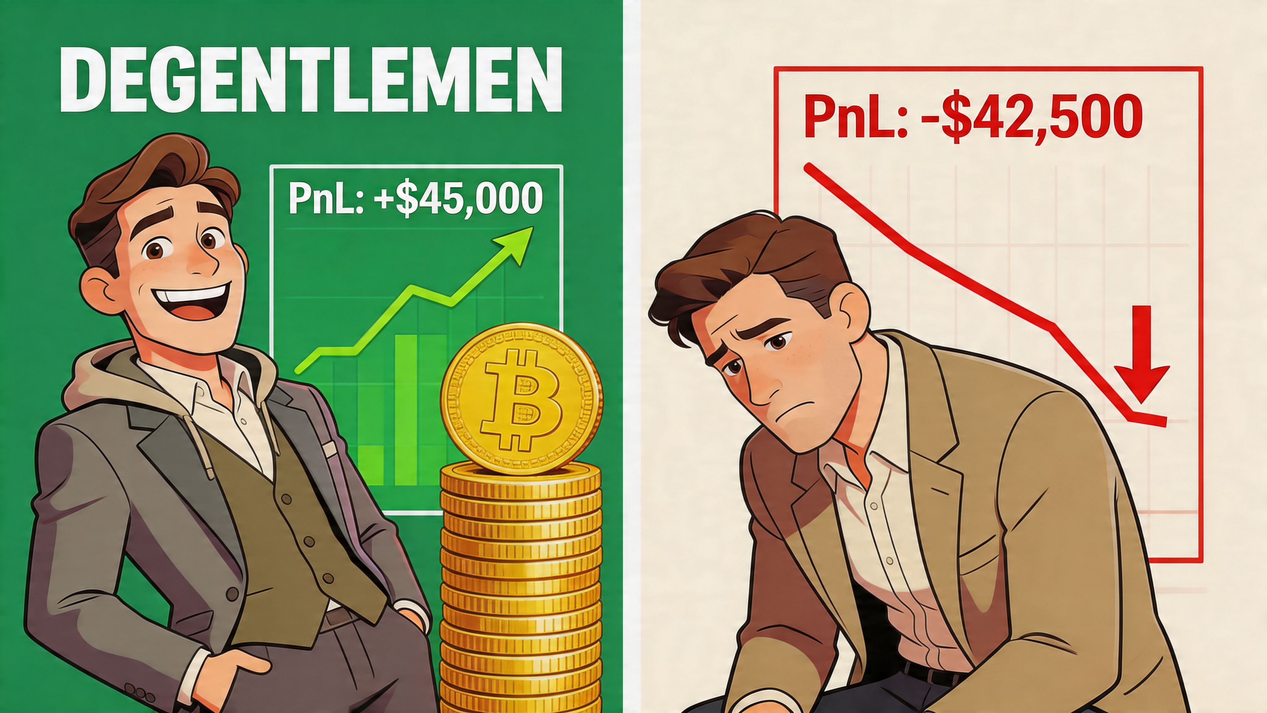 A split screen comparing a happy man with investment gains and a sad man with financial losses.