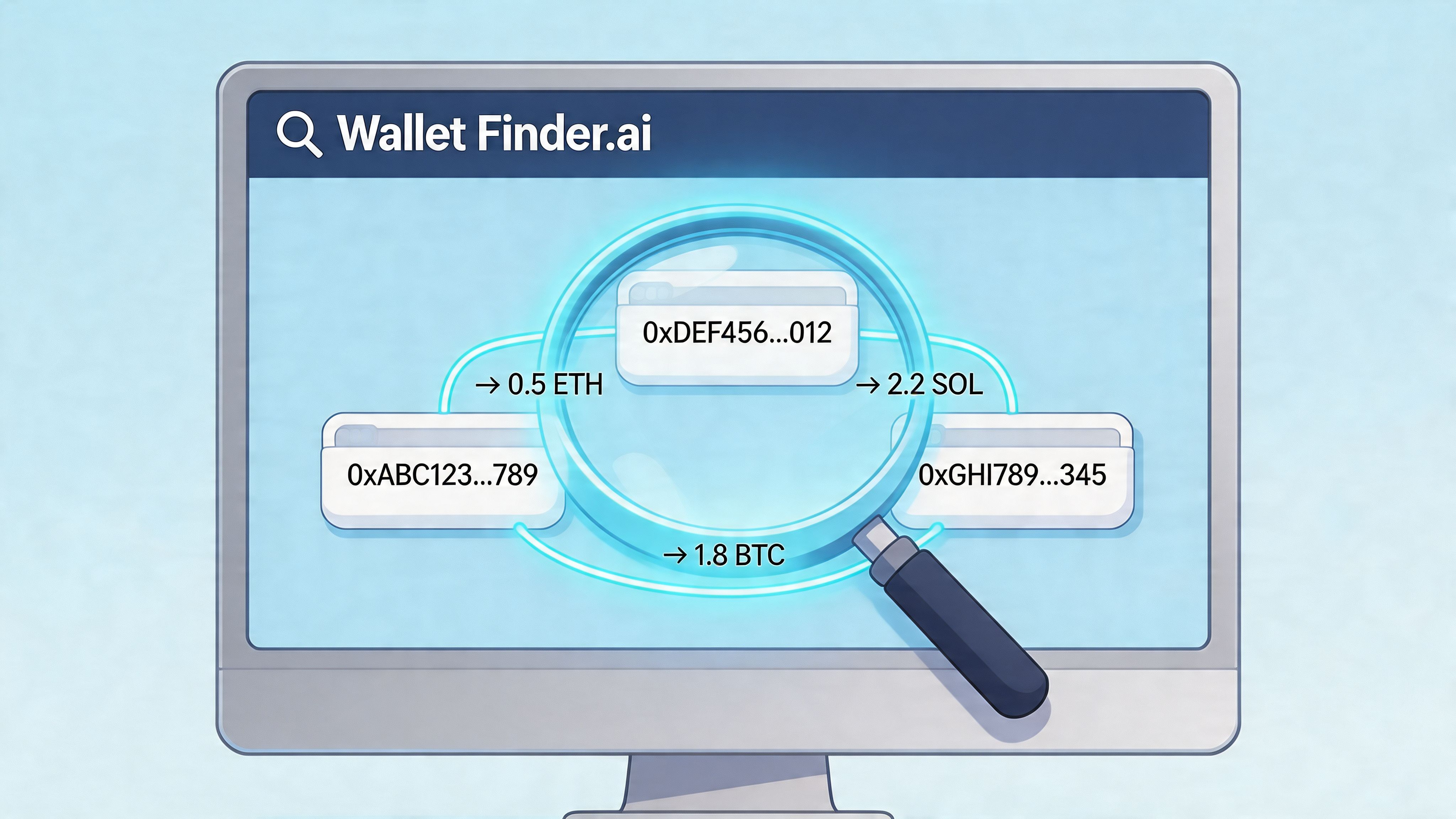 A computer screen displaying a digital interface called Wallet Finder.ai searching through crypto wallet addresses.