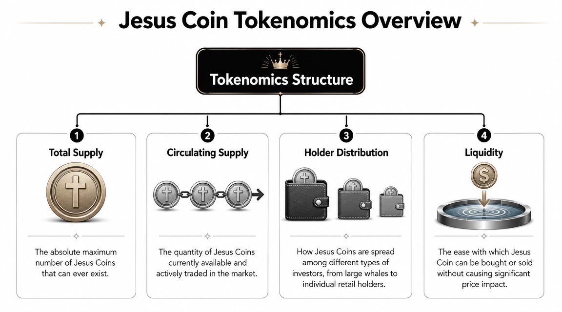 A structured overview infographic illustrating the tokenomics components of Jesus Coin, including supply, distribution, and liquidity metrics.