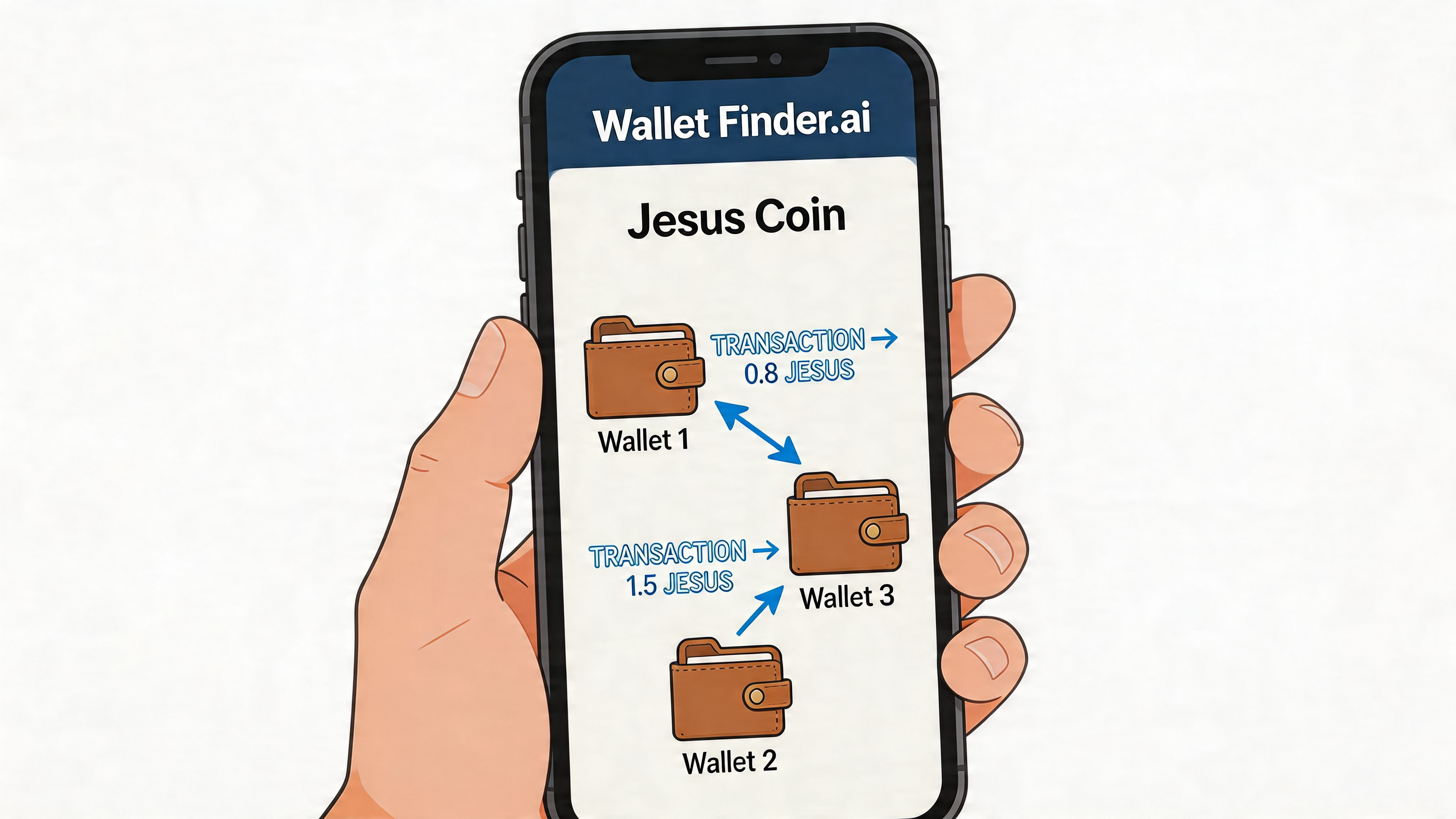 A hand holding a smartphone showing the Wallet Finder AI interface with Jesus Coin transaction flow data.