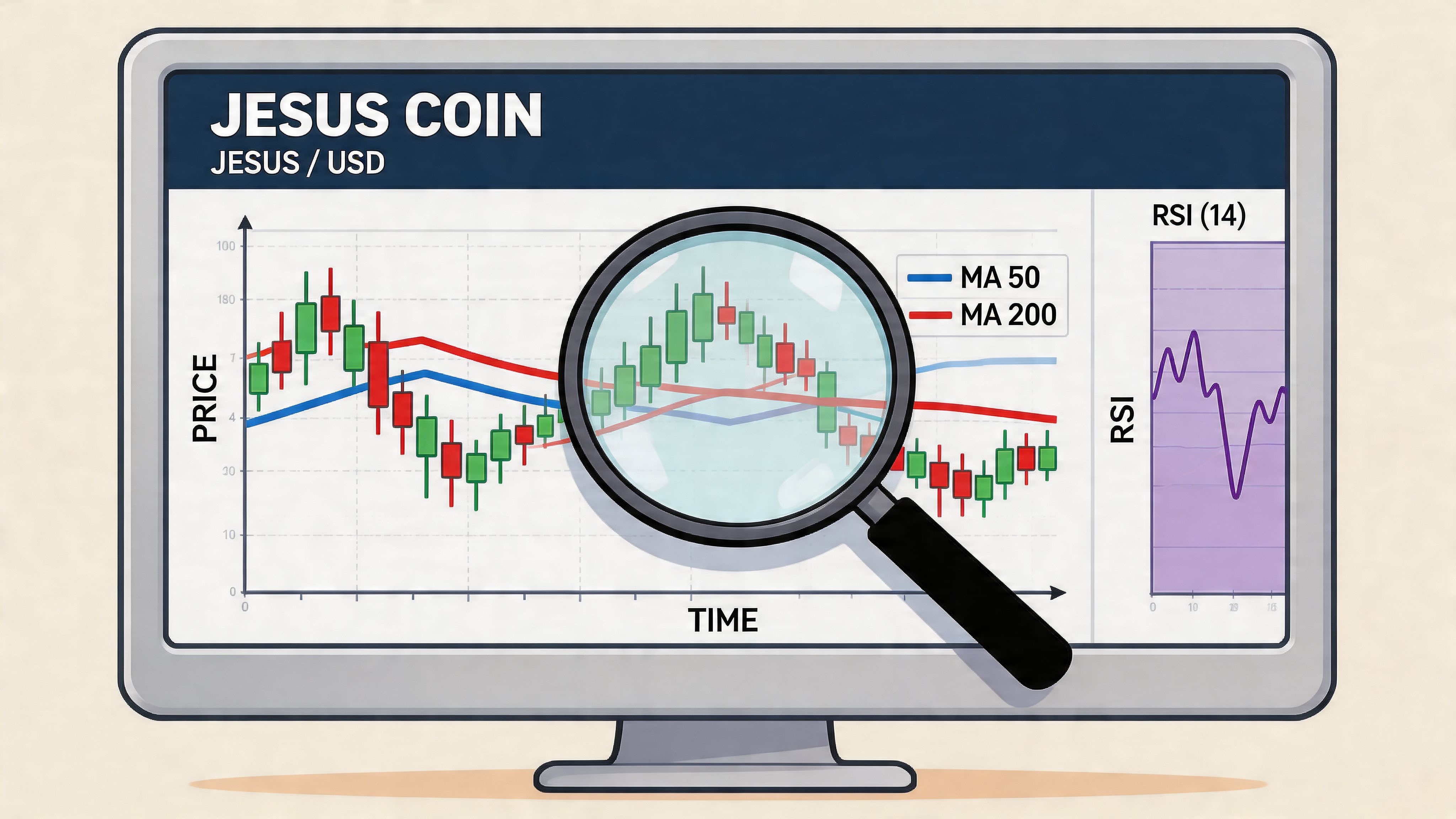 A digital screen displaying a candlestick price chart for Jesus Coin with technical analysis moving averages.