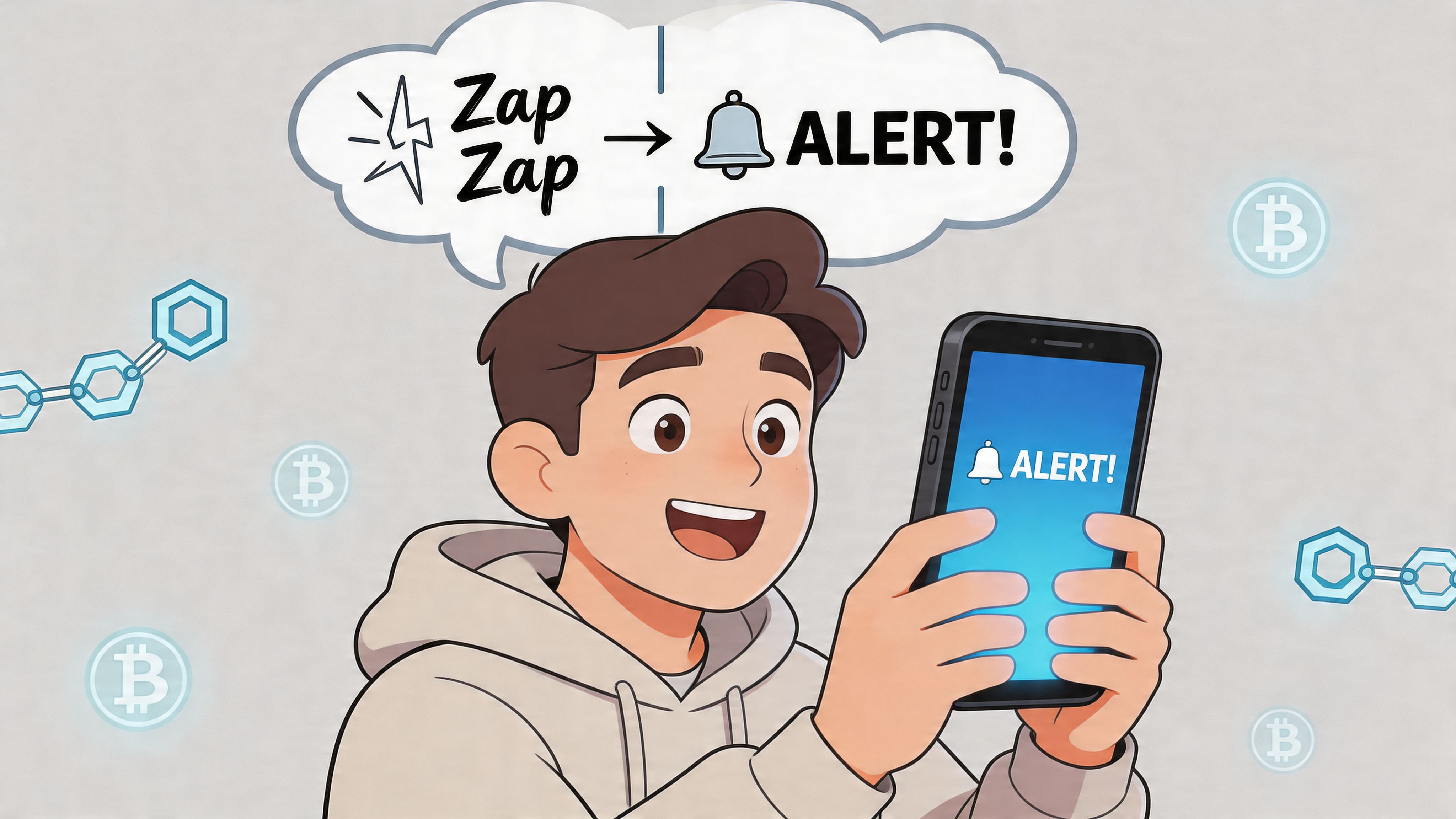 A happy young man holding a smartphone showing an alert notification with bitcoin icons in background.