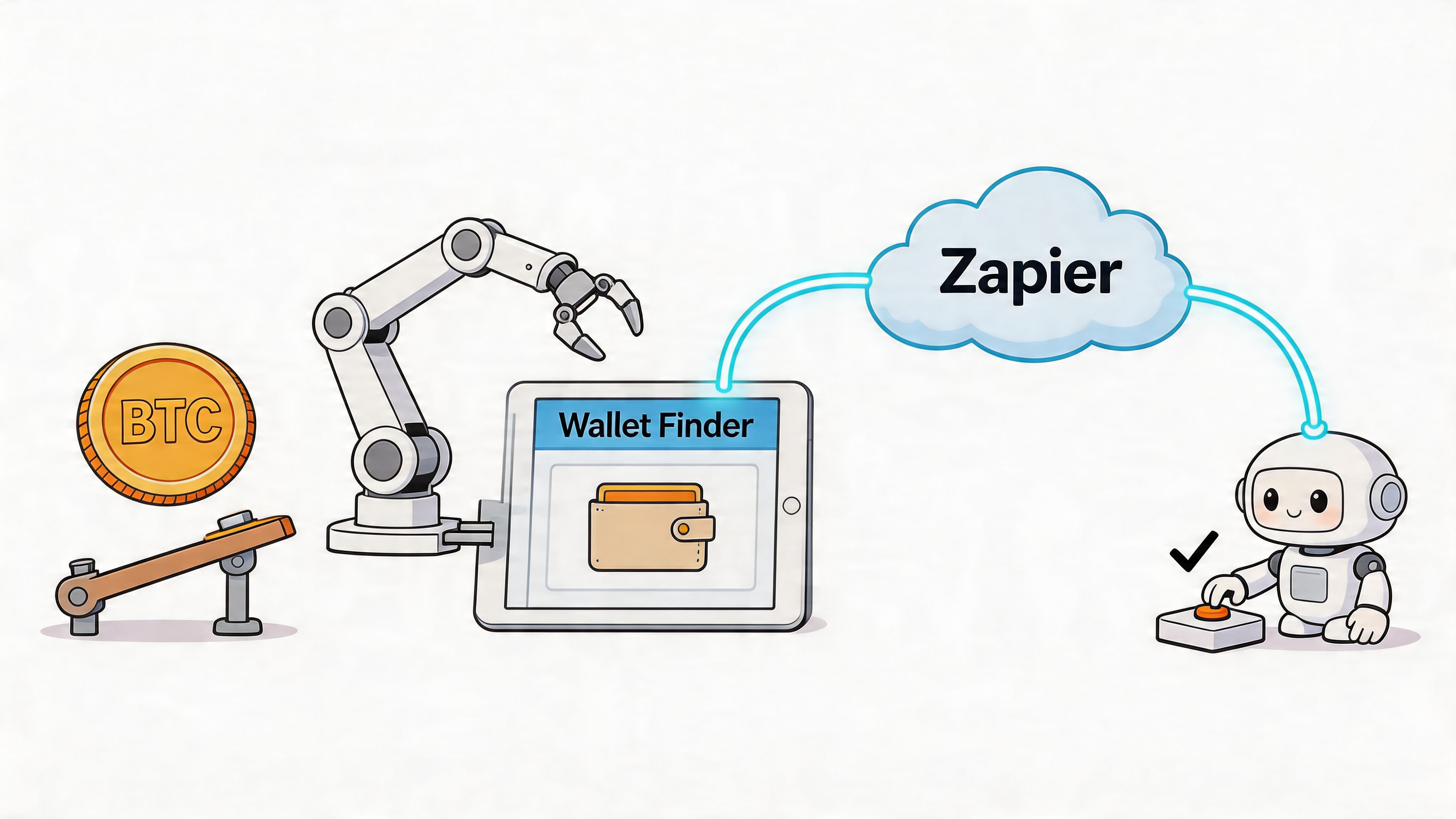 A robotic arm and a cute small robot interacting with a tablet and the Zapier cloud service.