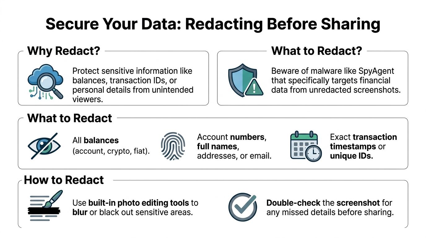 A helpful infographic explaining why, what, and how to redact sensitive data in screenshots before sharing.