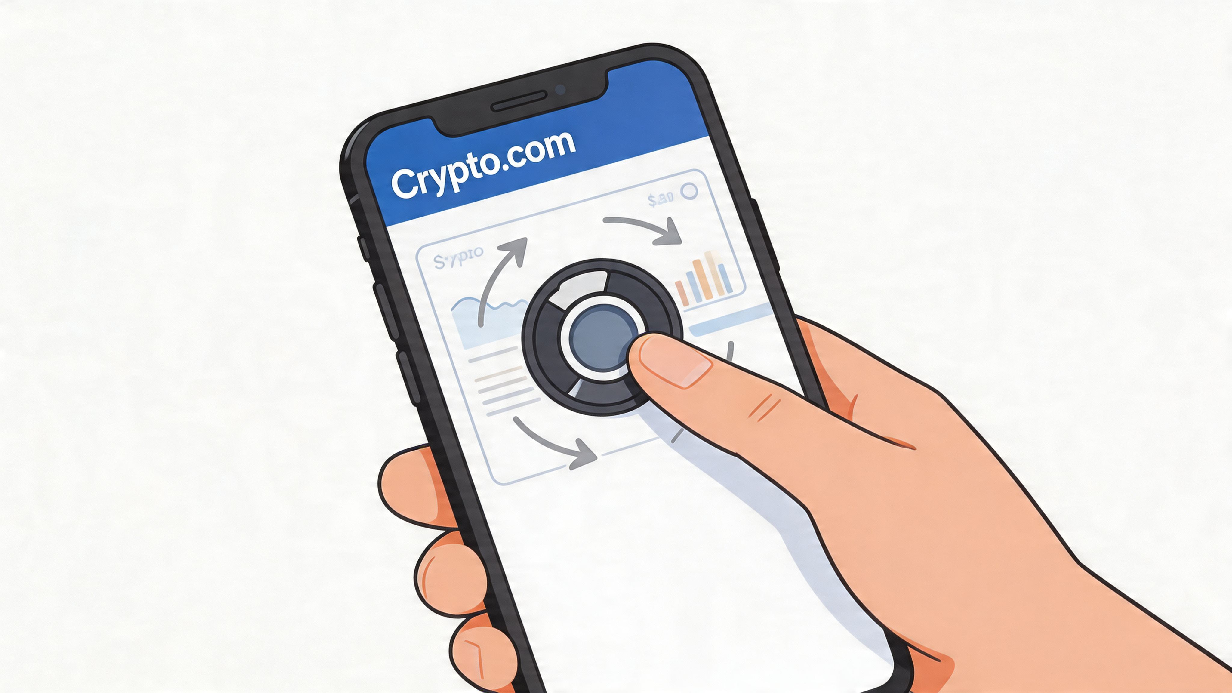 A hand holding a smartphone displaying the Crypto.com app with a stylized circular financial interface design.
