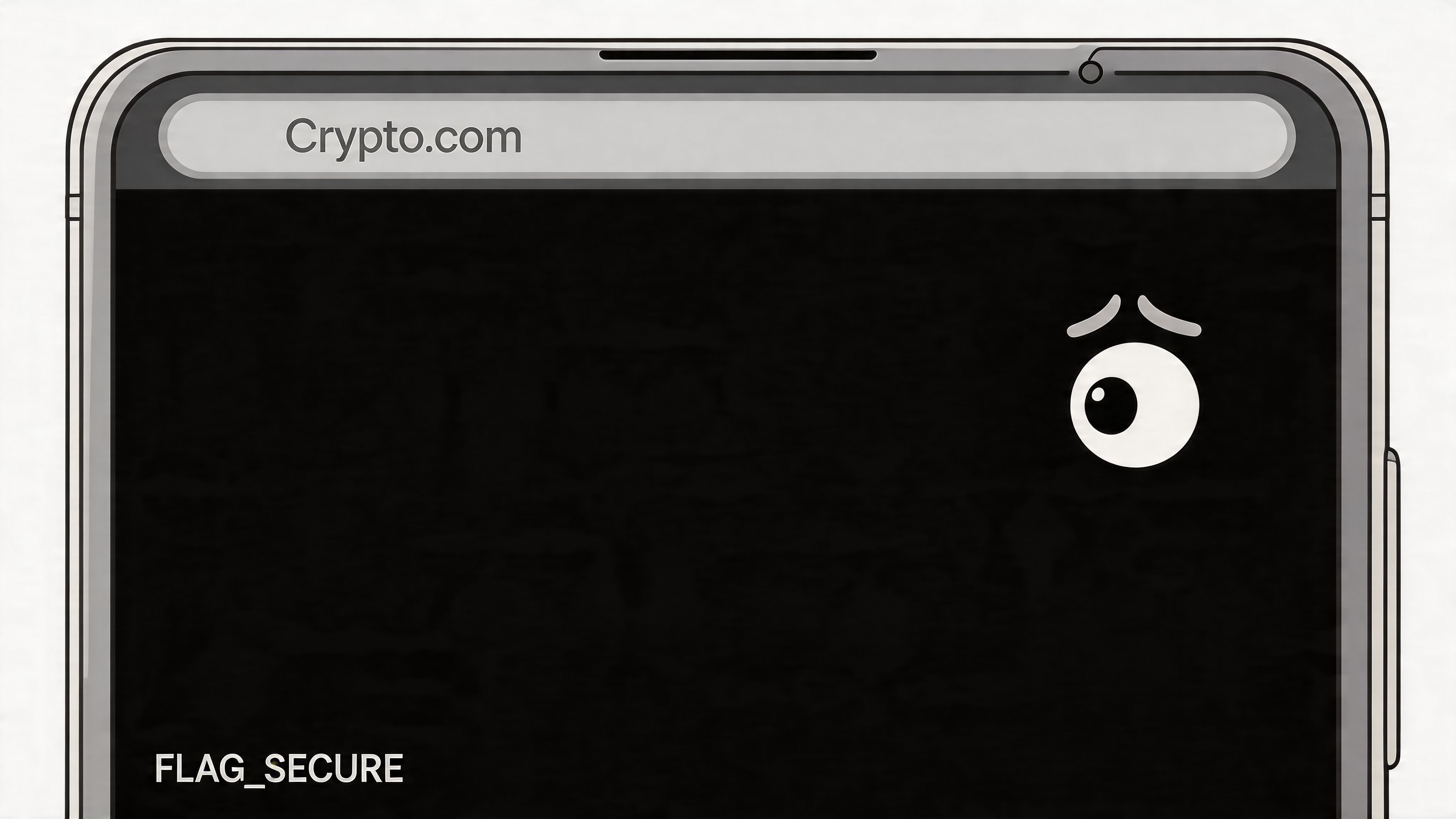A smartphone screen displaying a Crypto.com interface with an eye icon and the text FLAG_SECURE.