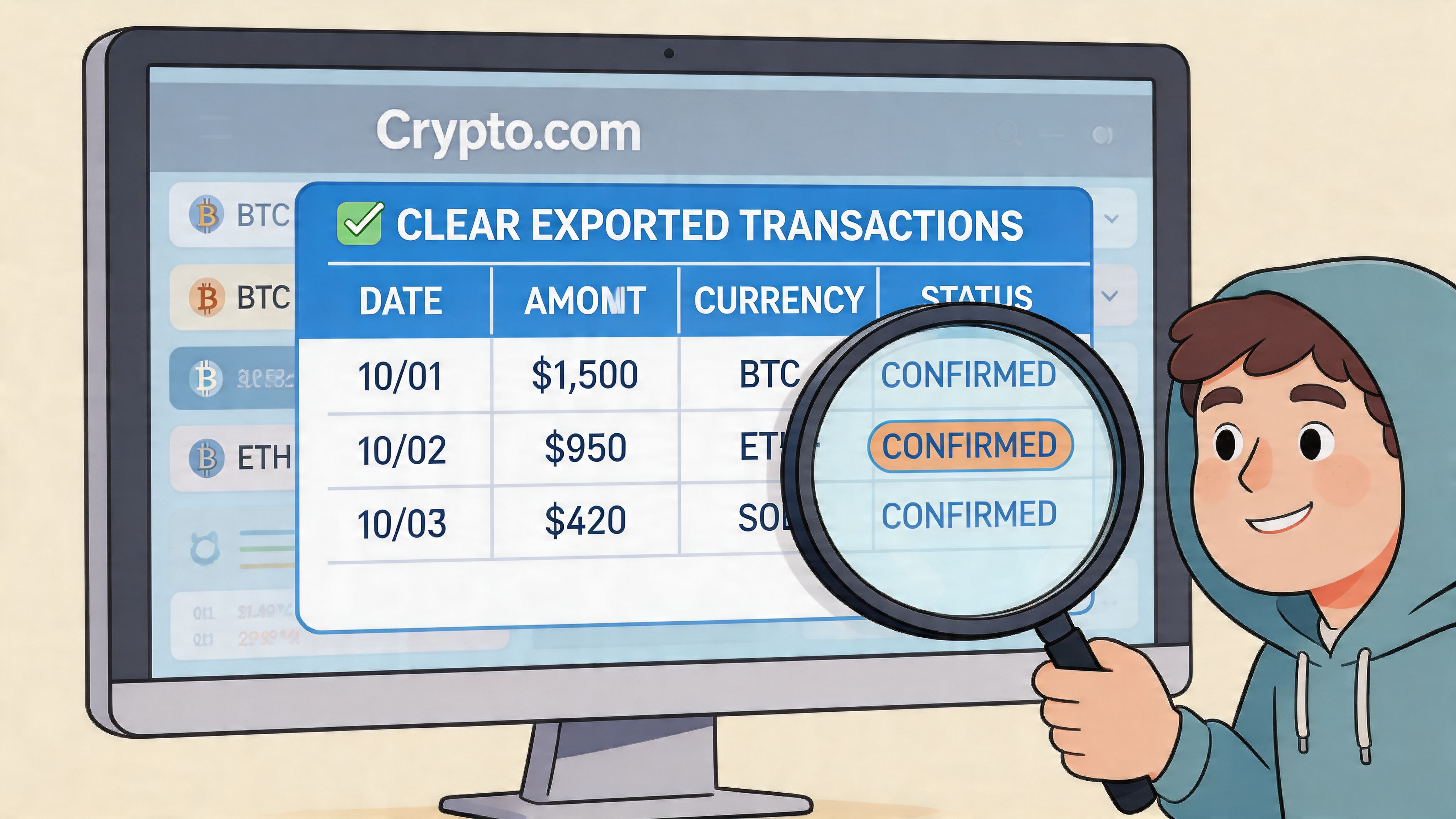 A cartoon boy holding a magnifying glass over a Crypto.com transaction table on a computer monitor.