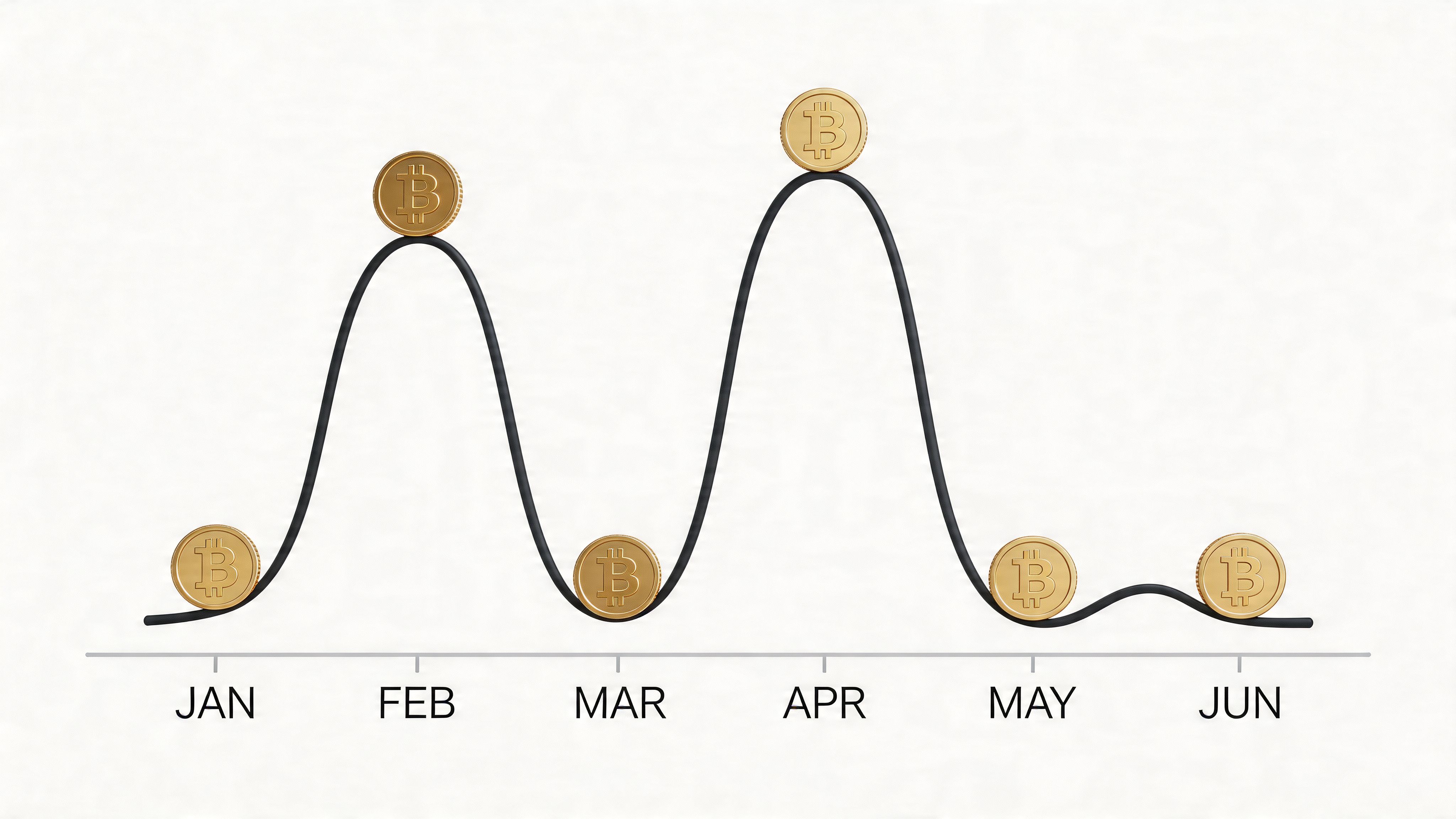 A line graph showing the fluctuating price of Bitcoin over six months from January to June.