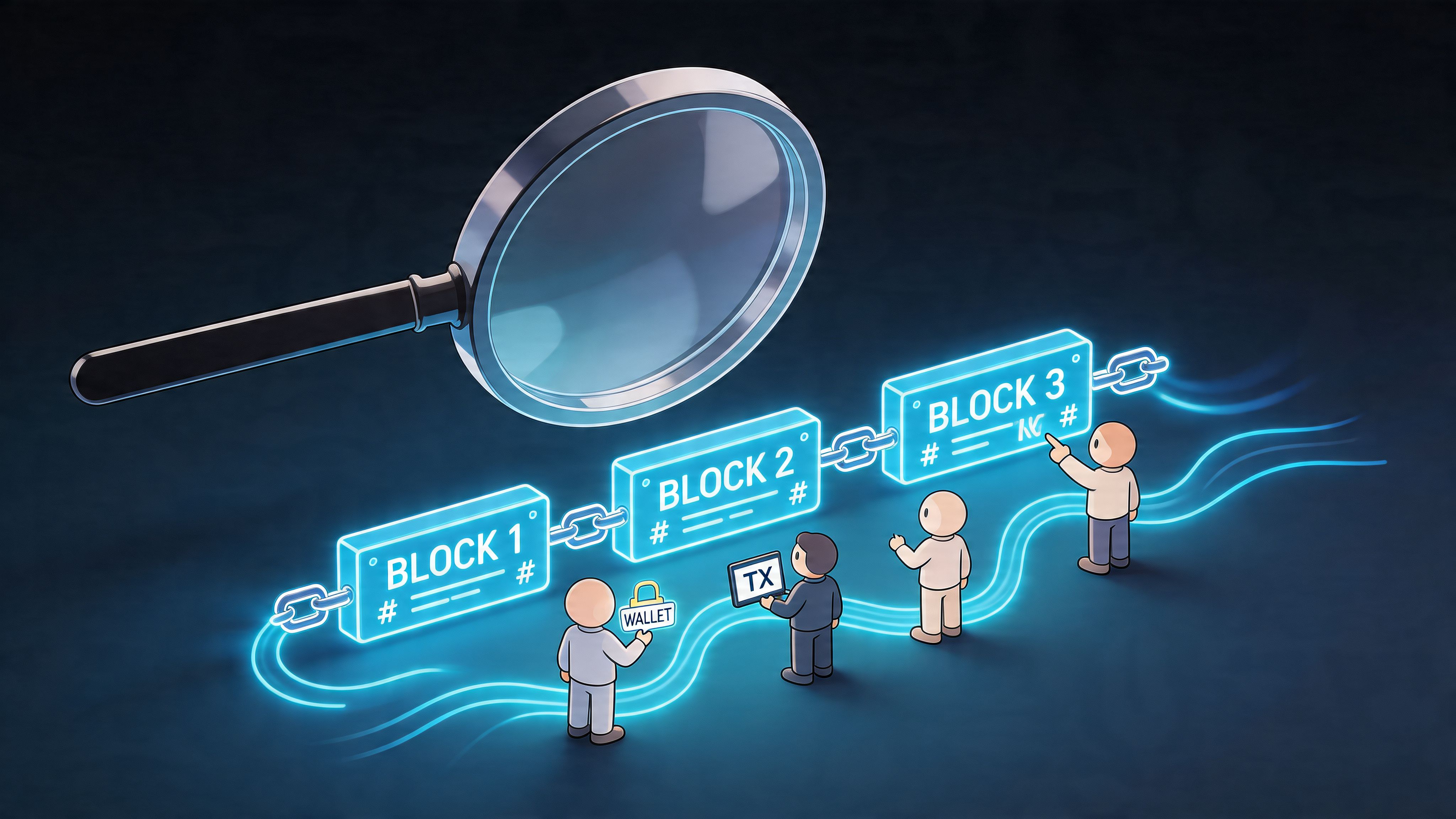 A magnifying glass inspecting a blockchain visualization with characters representing transactions and digital wallets in cryptocurrency.