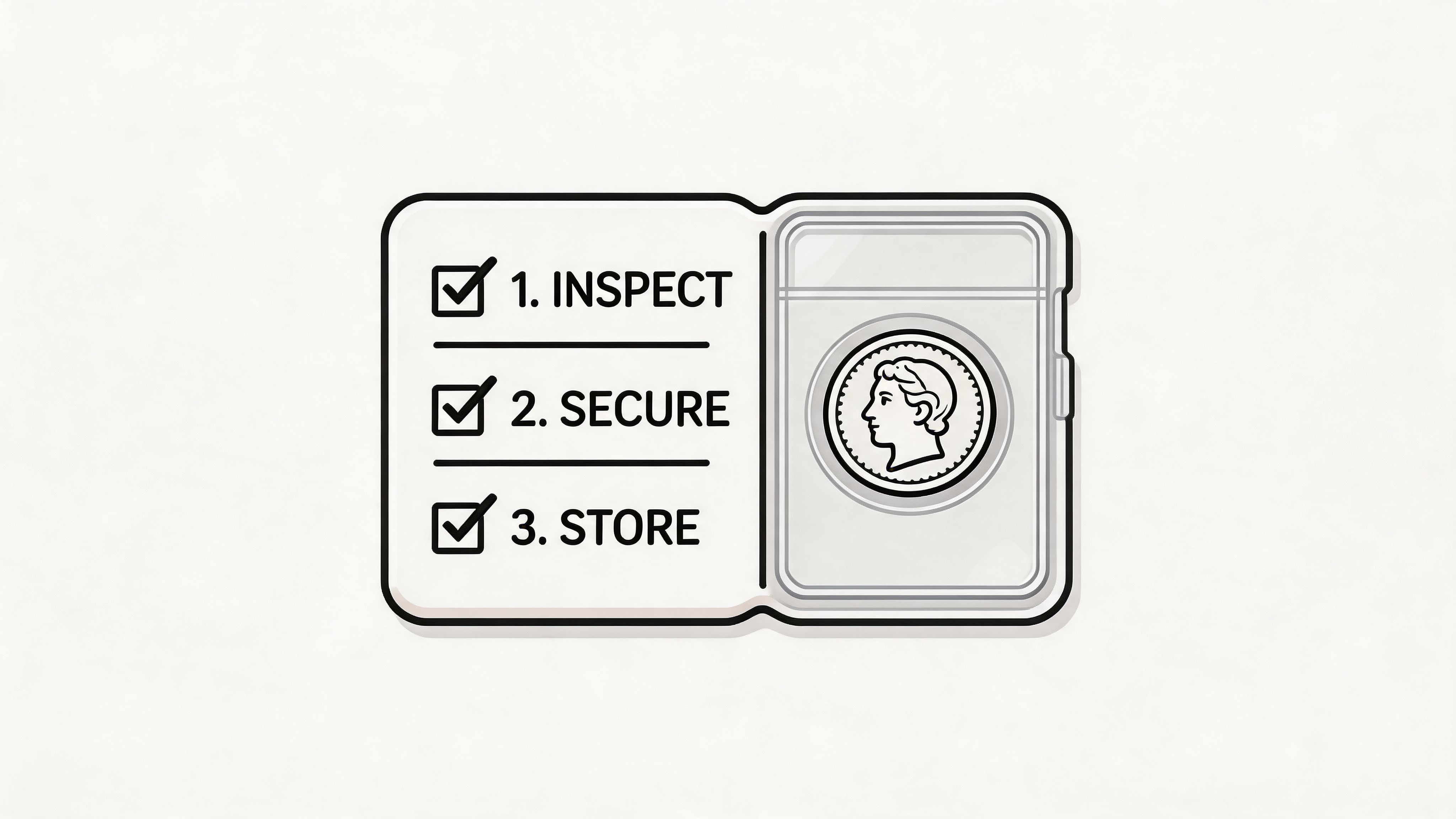 A checklist graphic displaying three steps: inspect, secure, and store a graded collectible coin in a holder.
