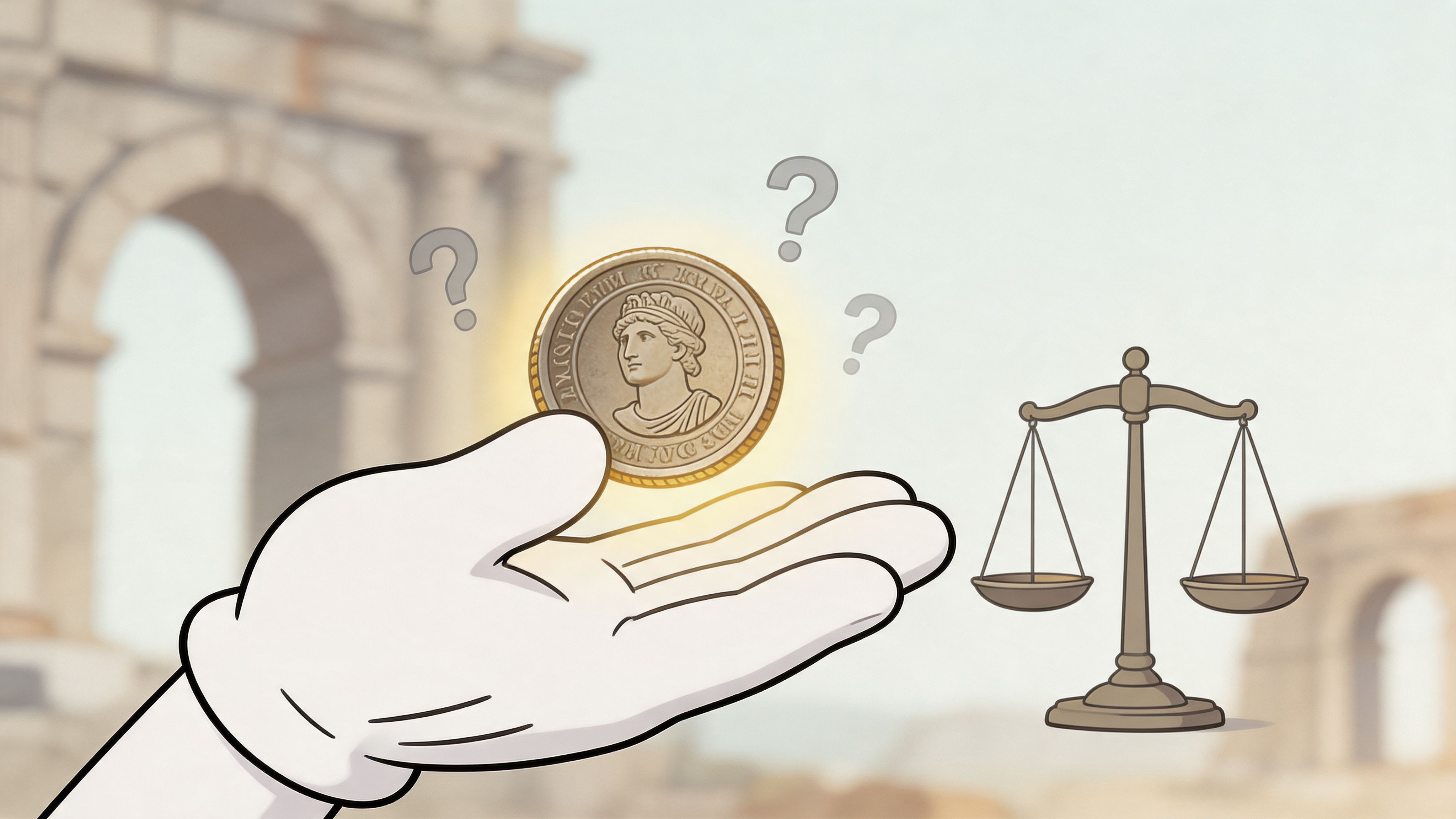 An illustrated gloved hand holding a glowing ancient coin beside a balanced scale against Roman ruins.