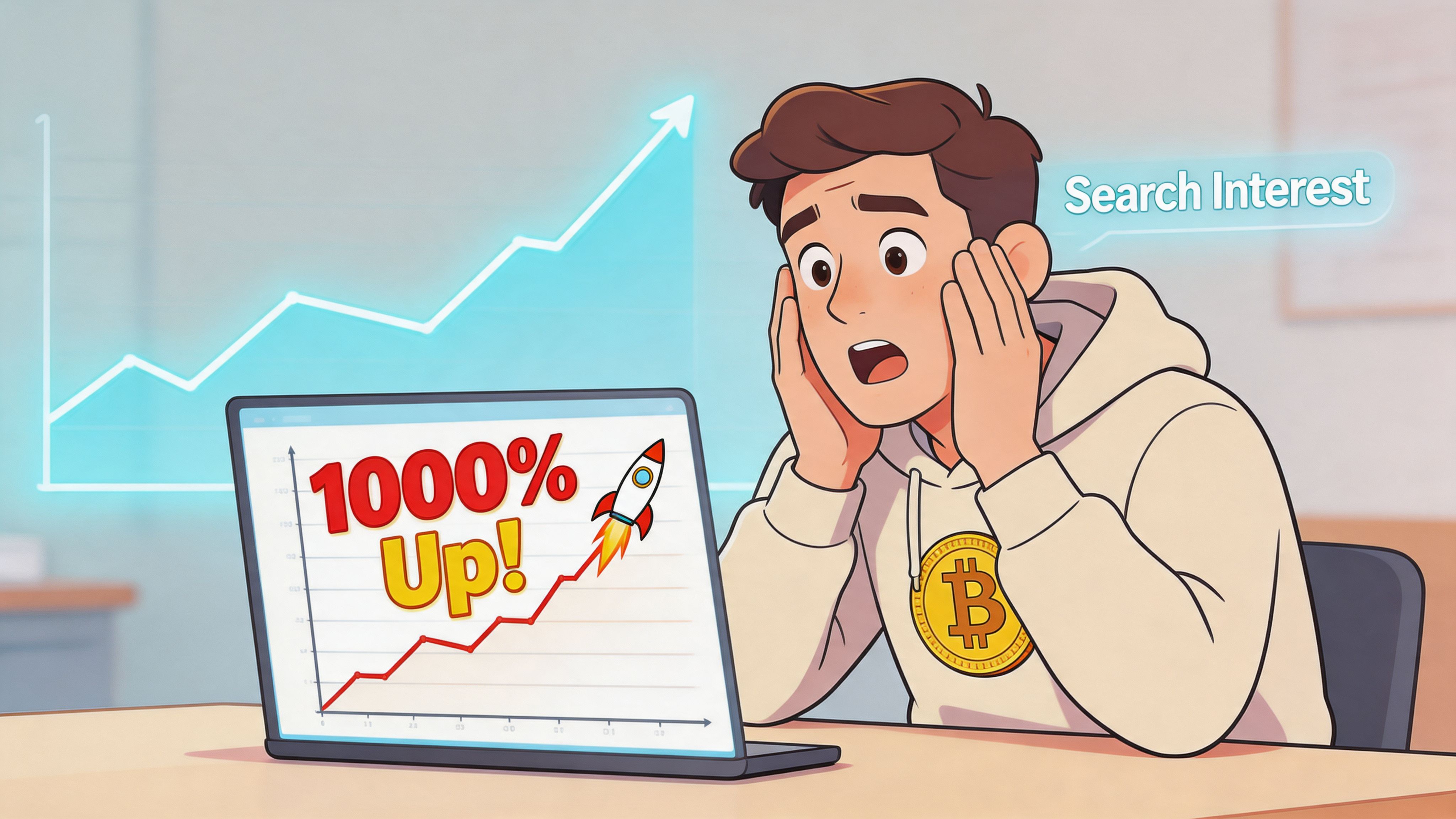 A shocked young man in a Bitcoin hoodie looking at a laptop displaying a massive 1000% investment increase.