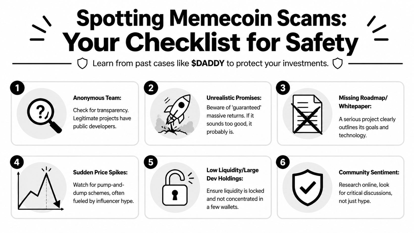 A safety checklist infographic for spotting memecoin scams, featuring six warning signs for cryptocurrency investors.