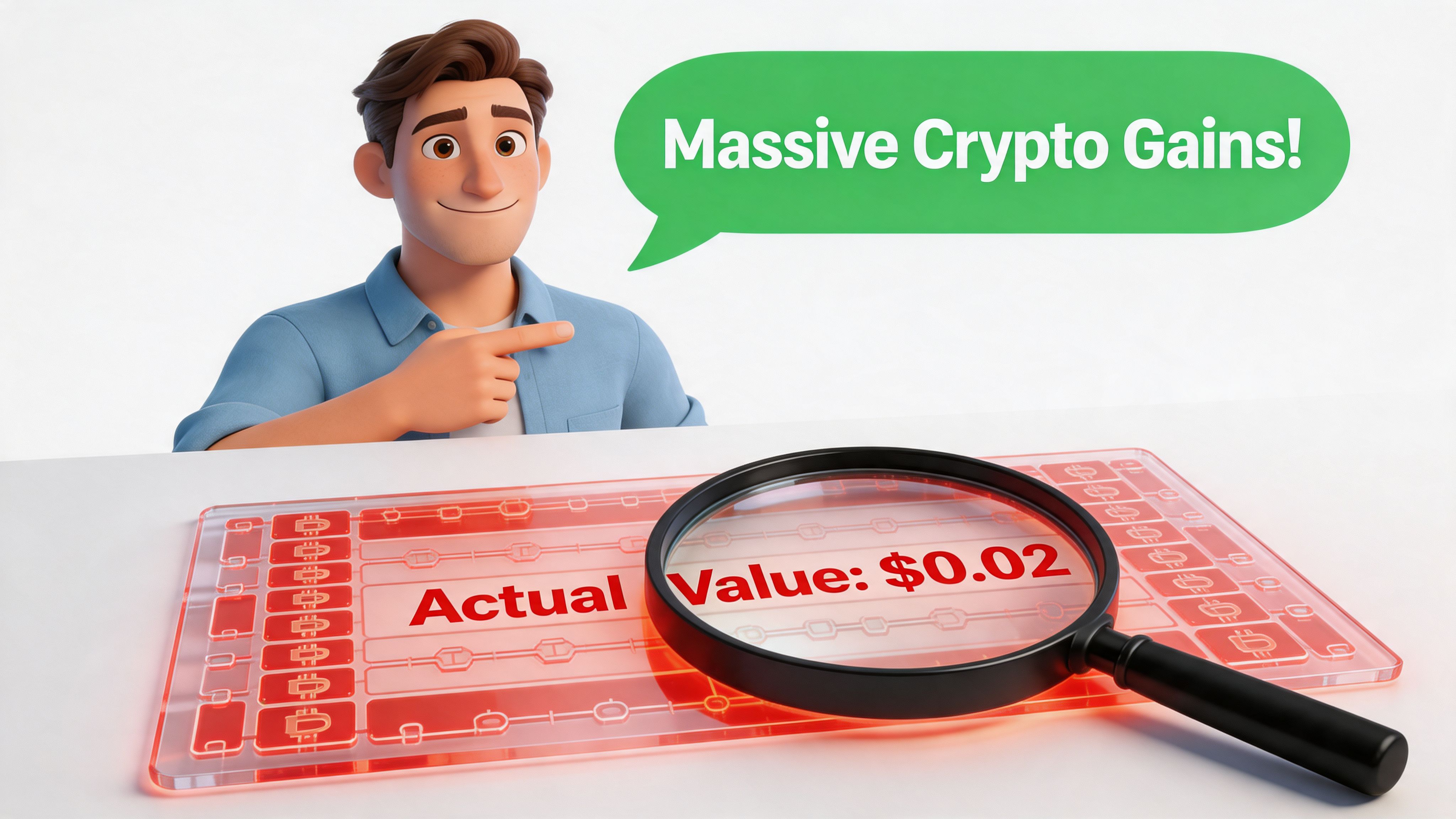 A 3D character pointing at a magnifying glass revealing a small actual value of 0.02 dollars.